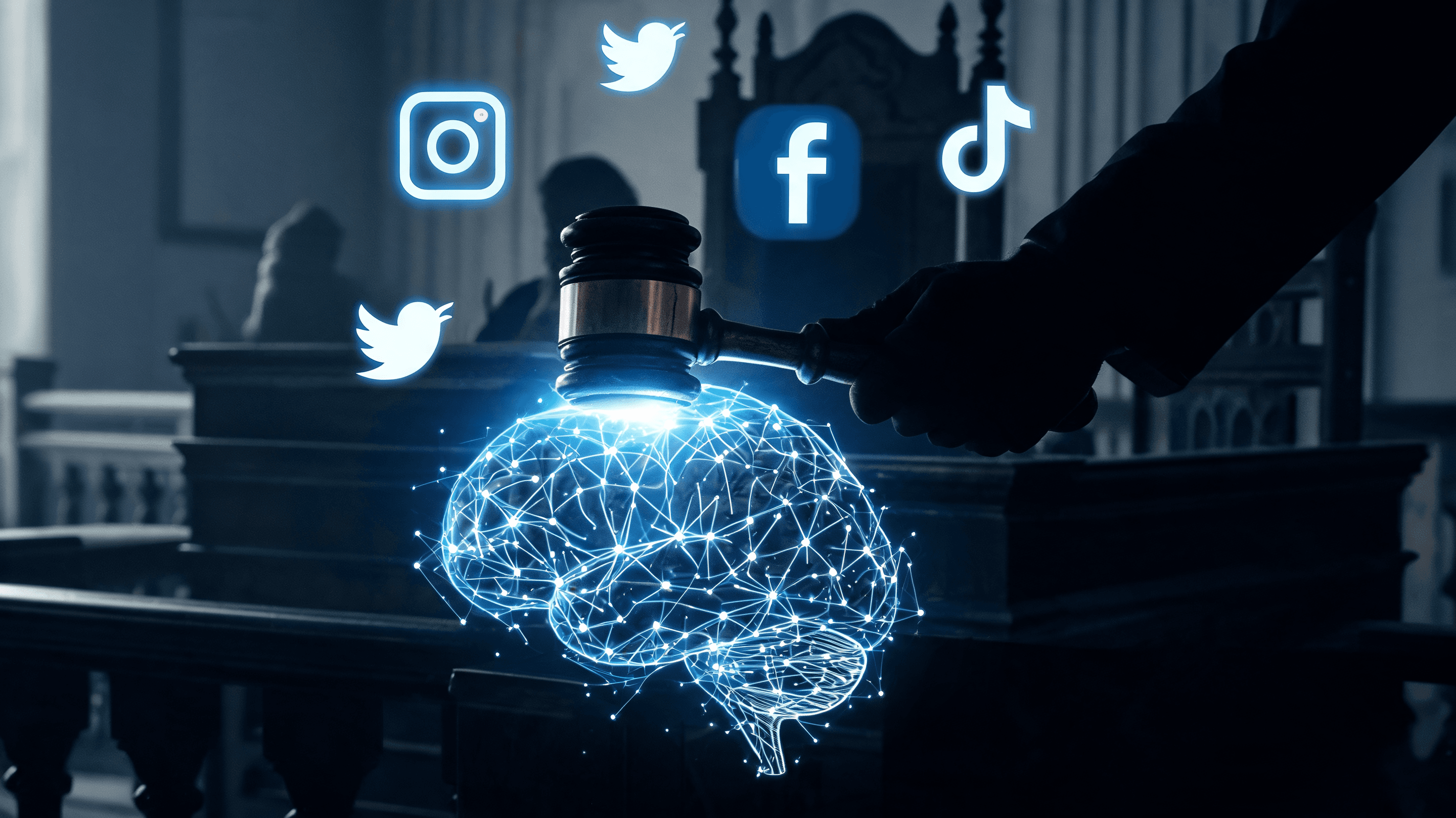 A courtroom setting silhouette overlaid with a digital landscape of social media icons, showing a le