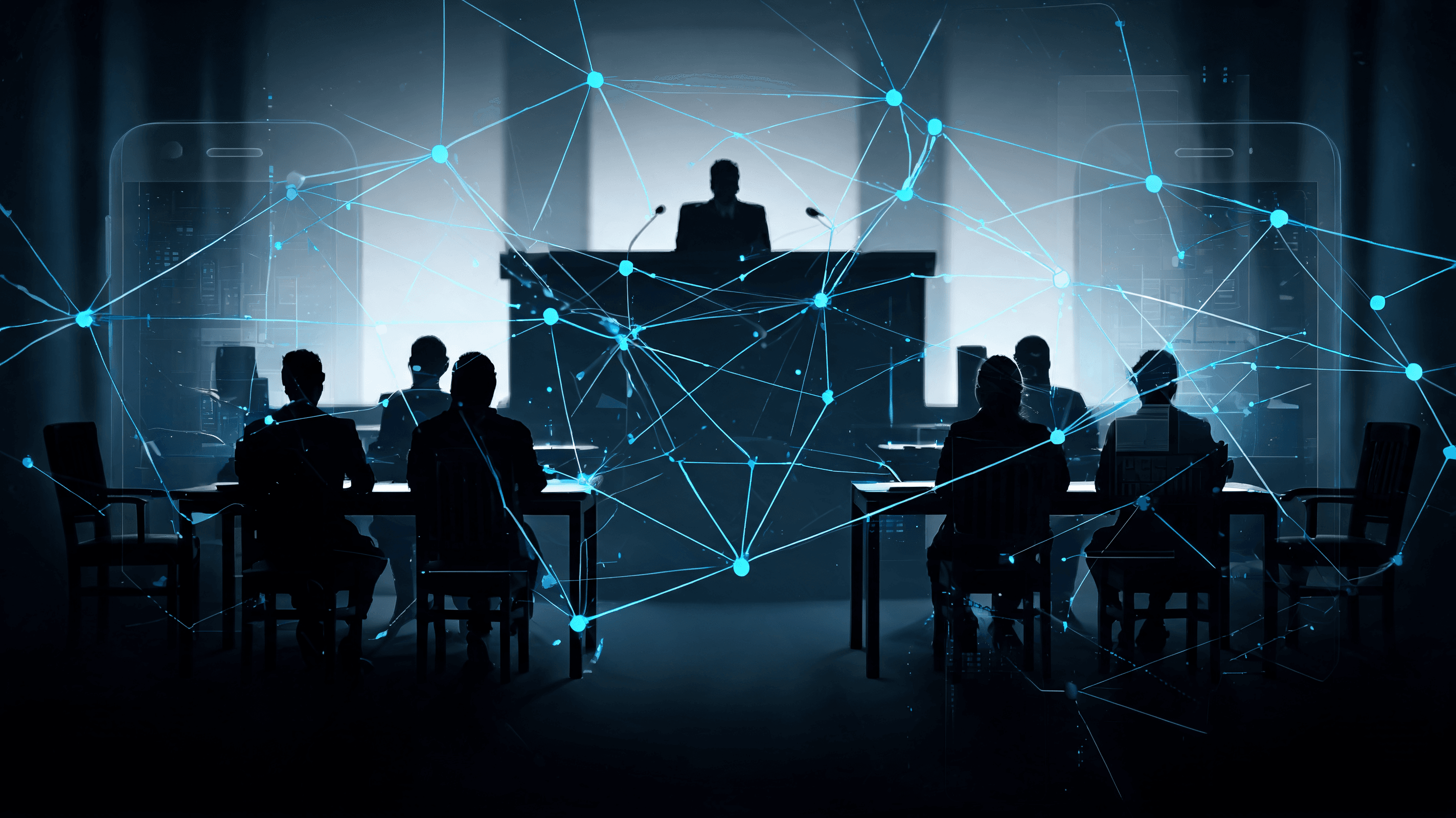 A courtroom scene silhouette overlaid with digital network lines and smartphone screen reflections.