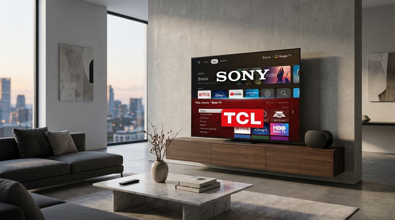 A conceptual art piece showing a sleek modern TV screen with a half-Sony, half-TCL logo interface, f