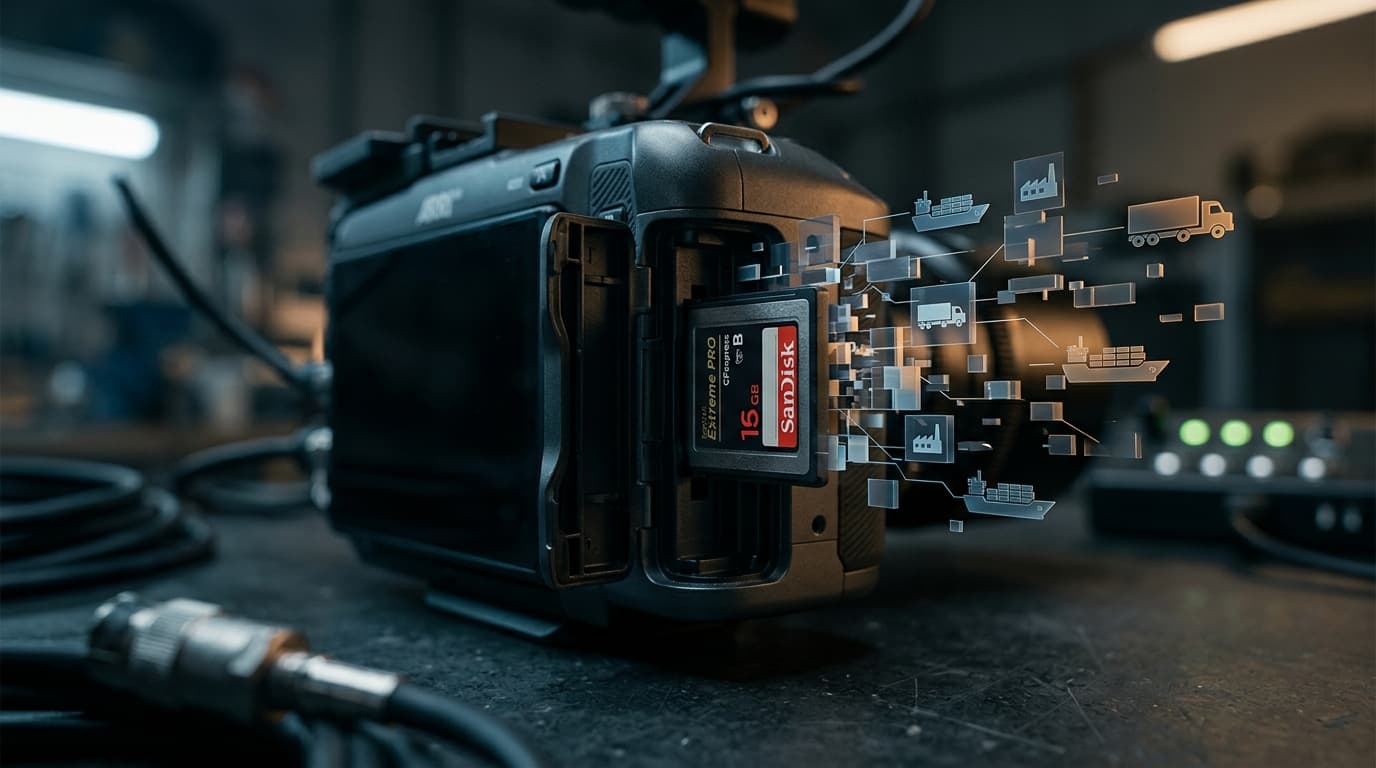 A close-up of a professional camera slot with a memory card, soft focus background, symbol of supply