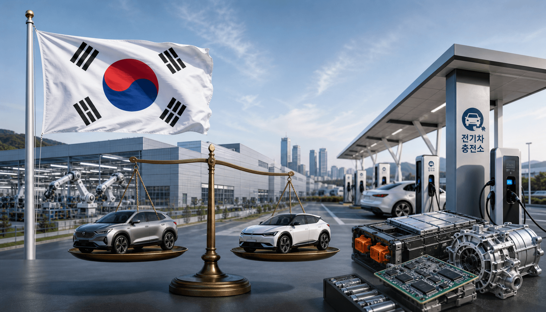 South Korean flag flying over a modern electric vehicle factory, charging stations with Korean langu