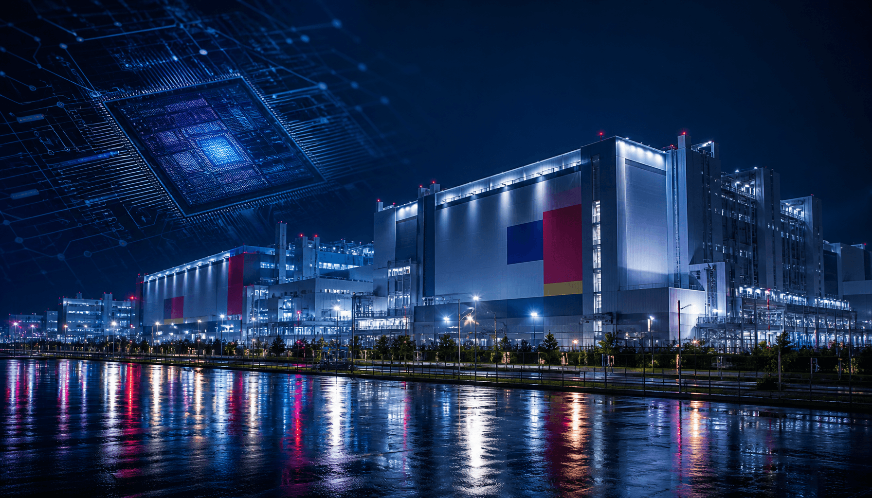 A modern South Korean semiconductor factory at night, neon lights reflecting on wet concrete, high-t