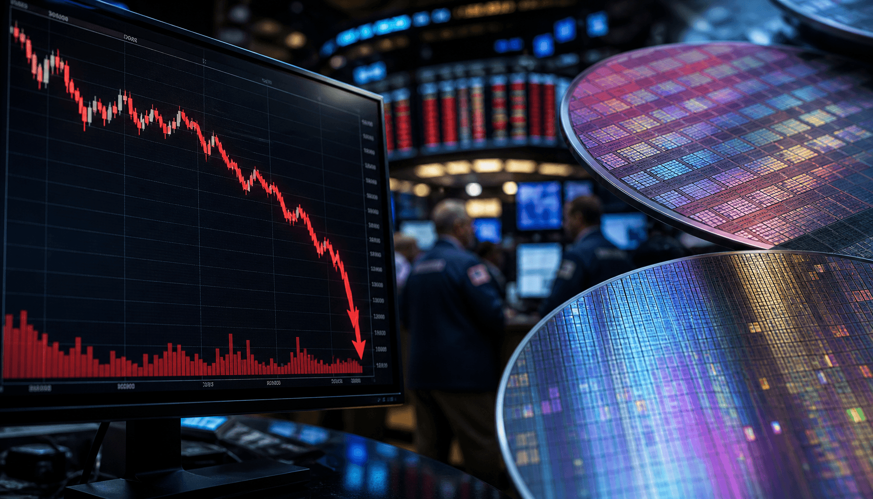 A financial chart showing a sharp red downward trend line on a screen in a stock trading floor, with