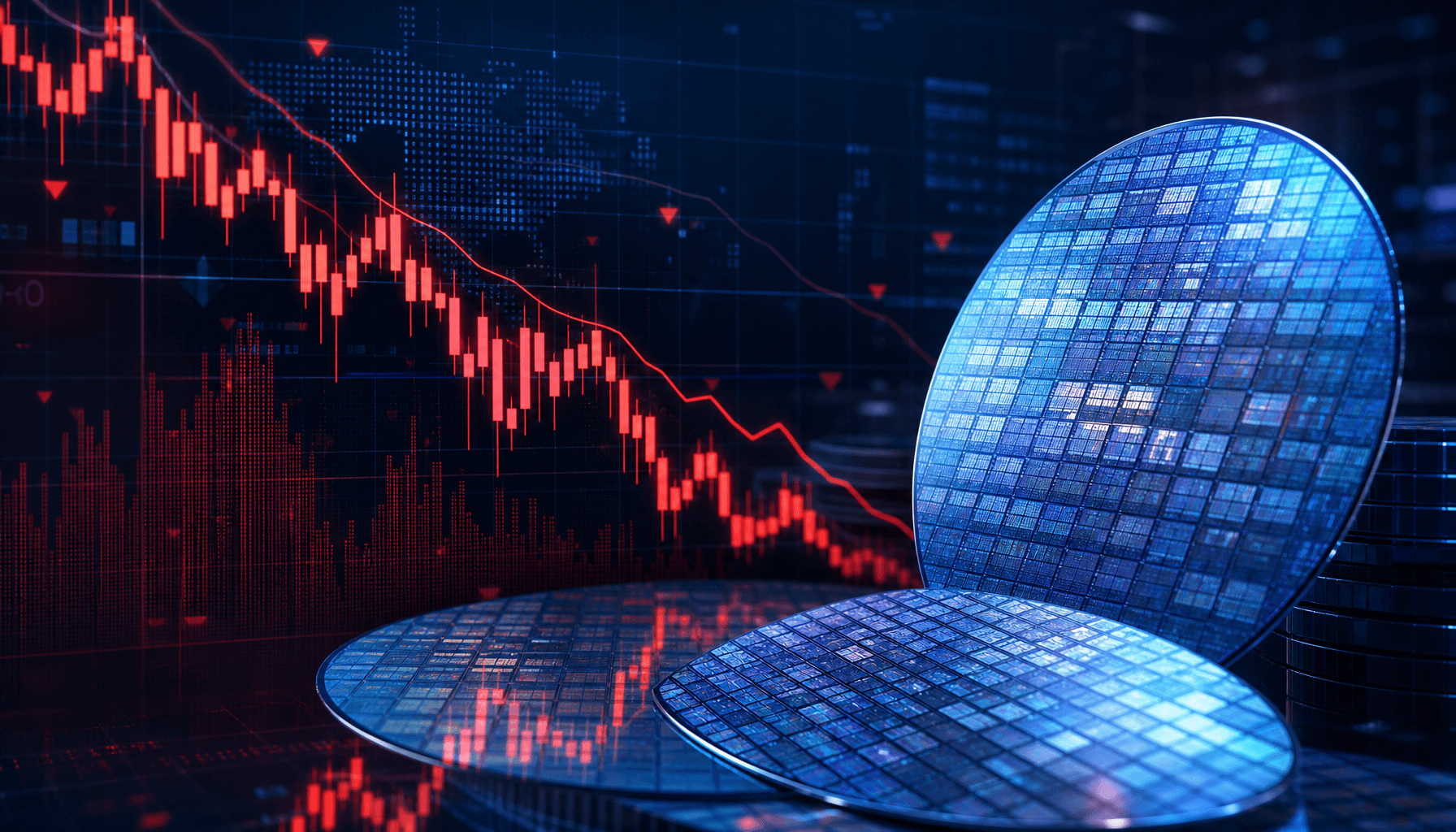 A digital visualization of falling stock market charts overlaid with glowing blue and silver semicon