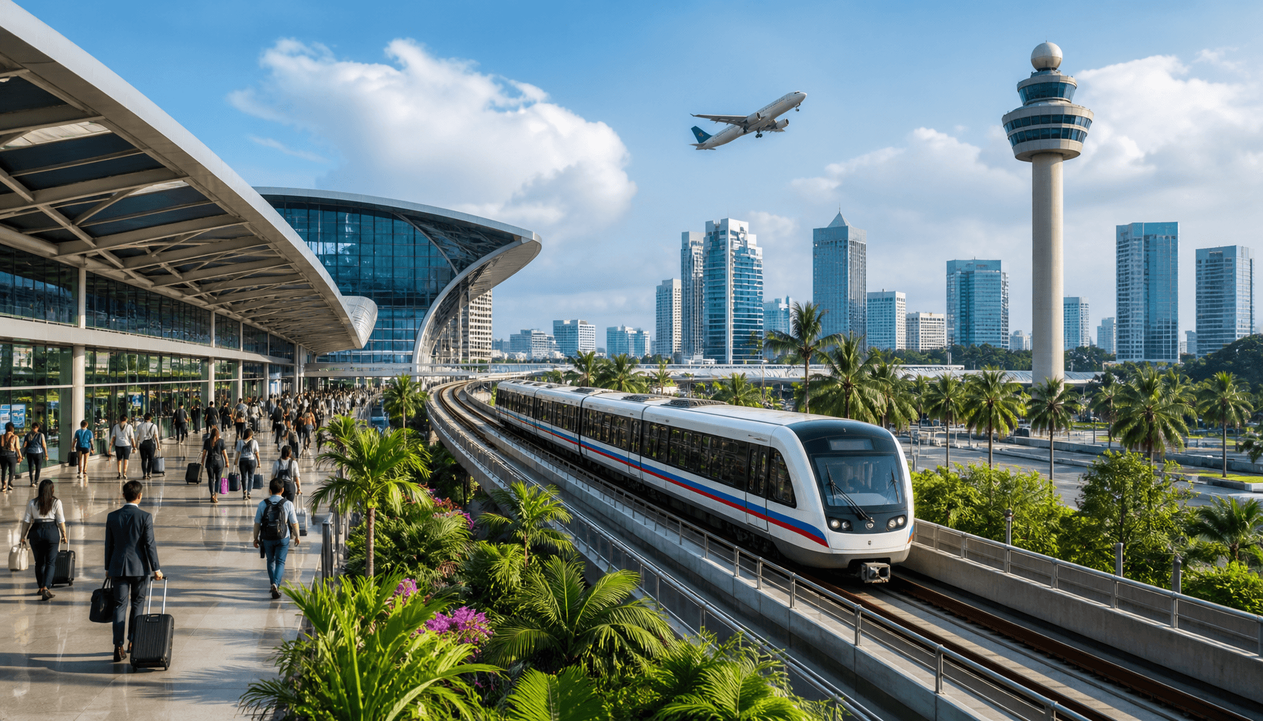 A bustling Southeast Asian airport terminal with a modern rail train passing by, set against a backd