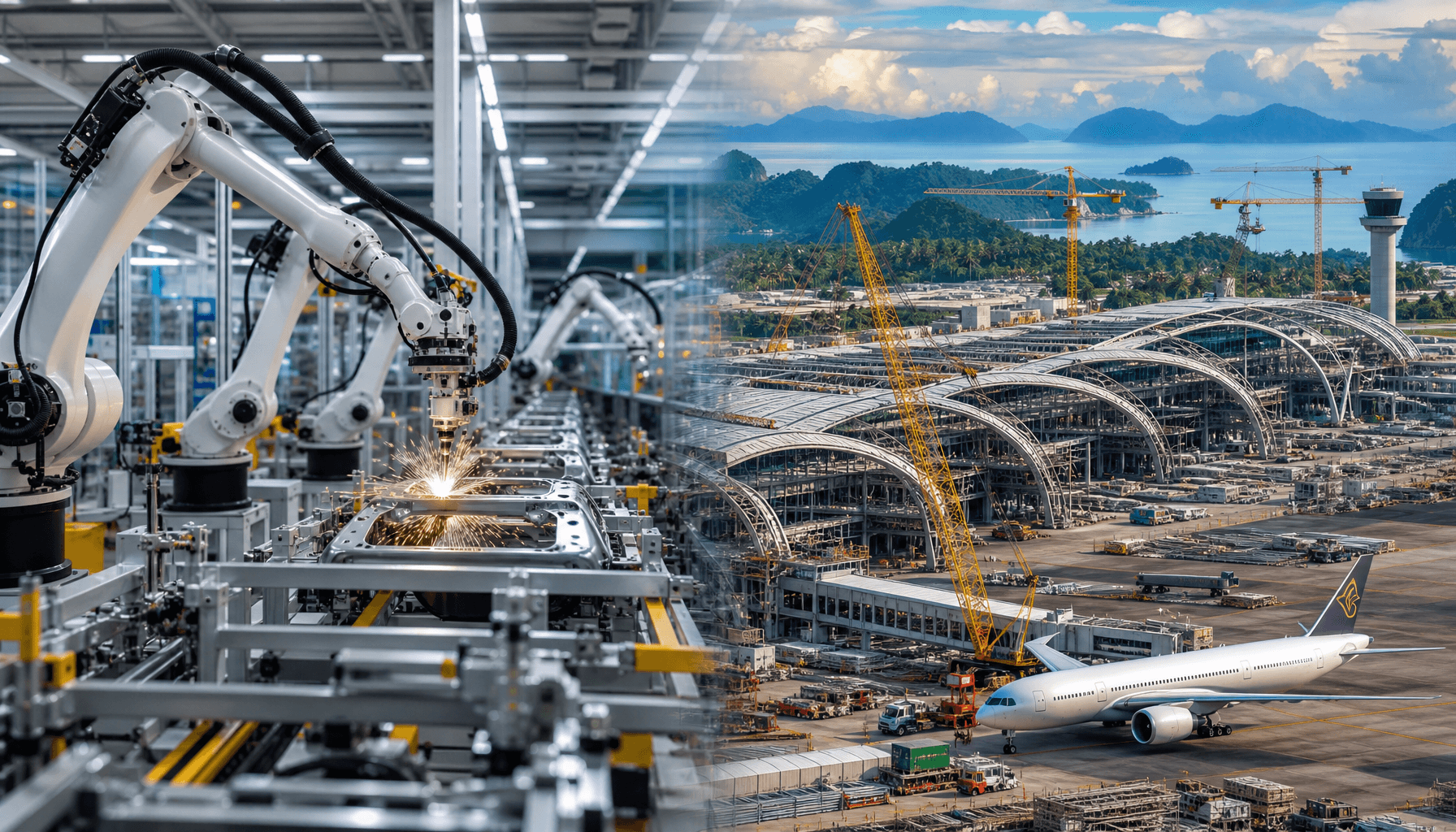 A modern industrial landscape split between high-tech robotic arms in a clean factory and a bustling