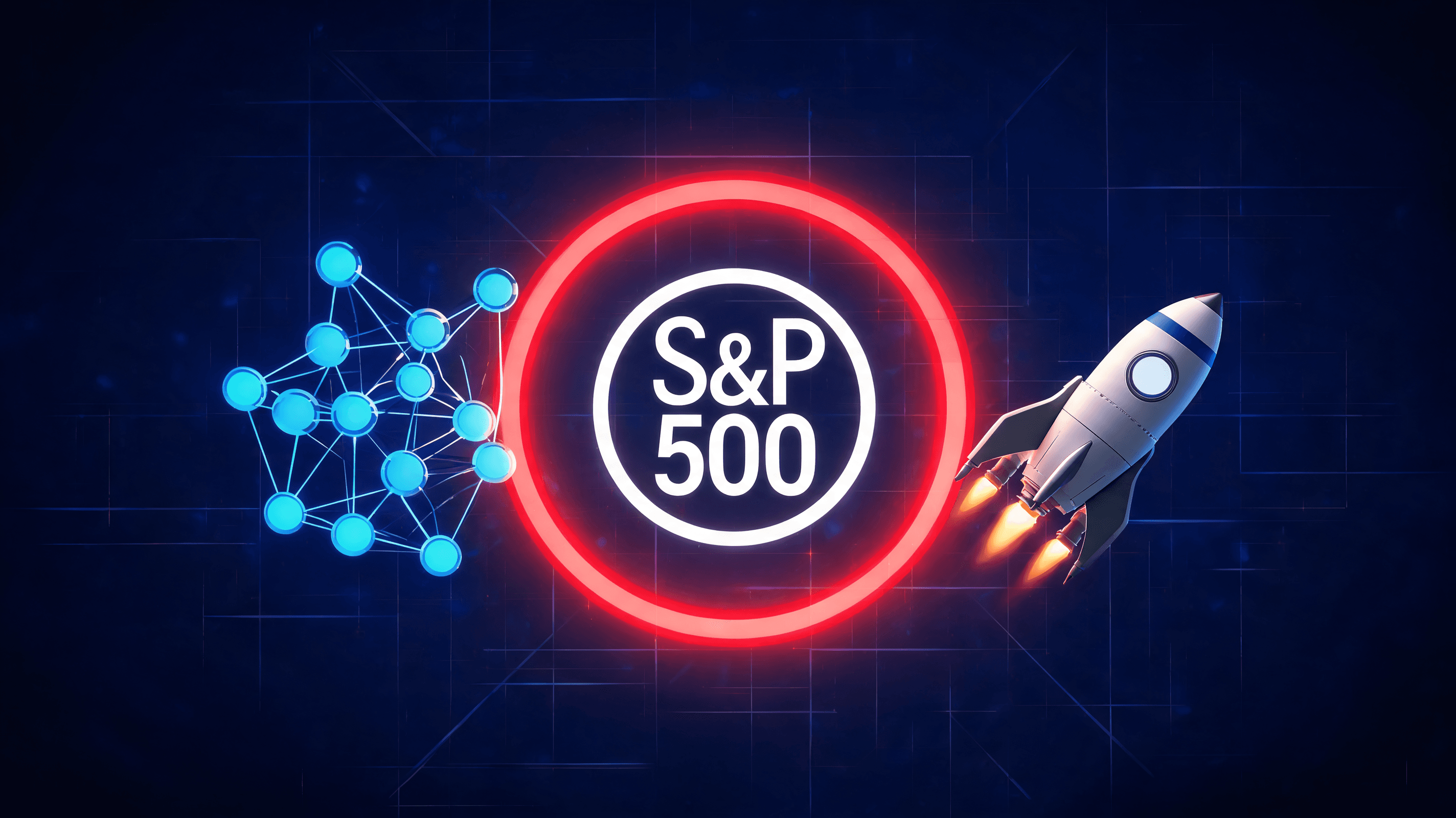 A modern, professional graphic of the S&P 500 financial stock index ticker on a sleek, dark blue dig