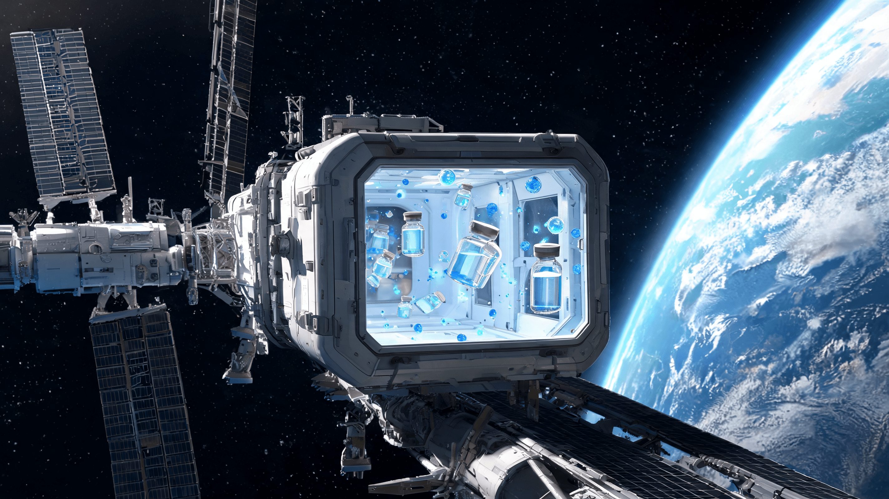 A futuristic space laboratory module docked at an orbiting station, pharmaceutical vials floating in