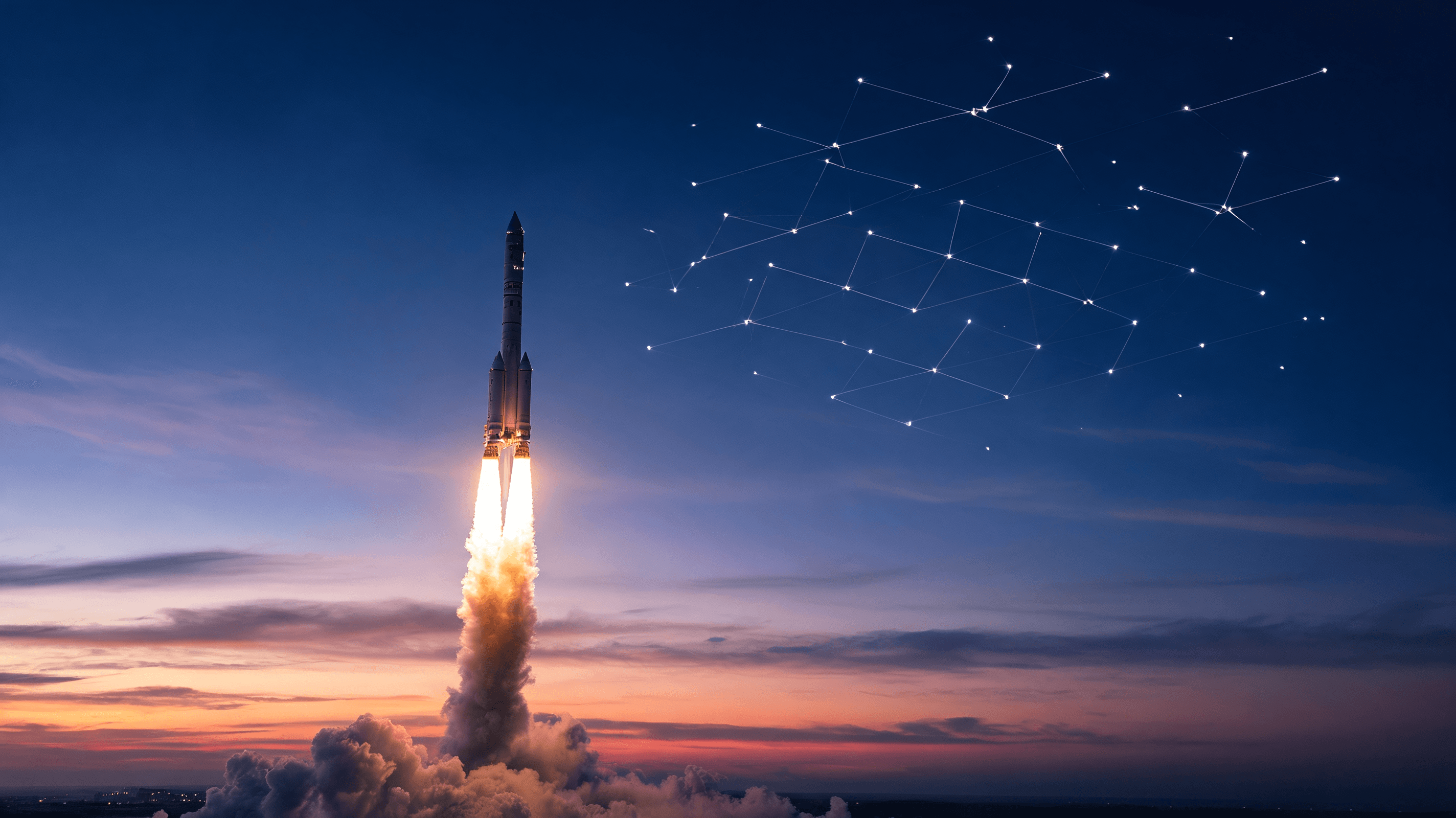 A photorealistic image of a SpaceX Falcon Heavy rocket launching during dusk with a subtle overlay o