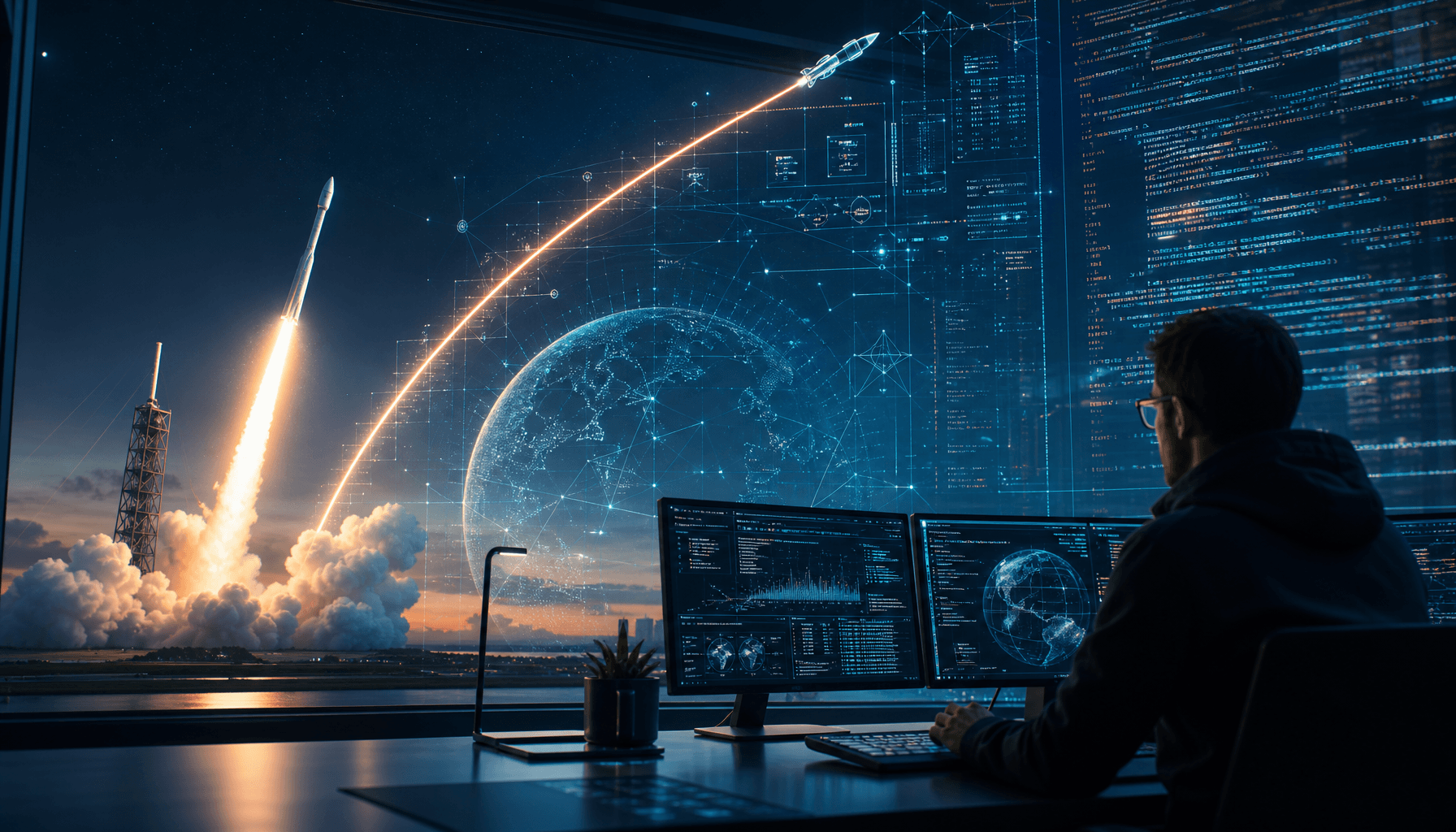A futuristic digital workspace showing a SpaceX rocket launch trajectory overlaid with complex, glow