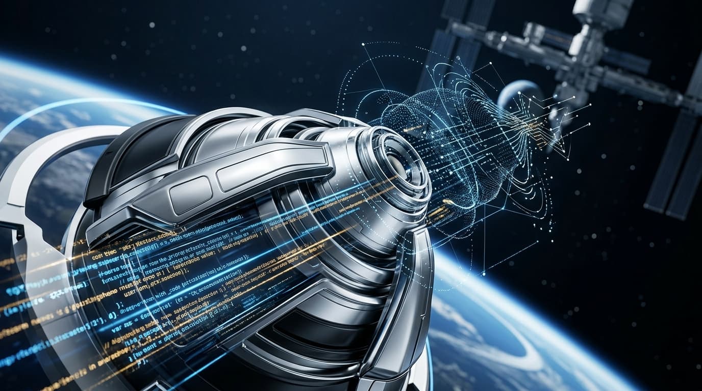 A conceptual rendering of space exploration technology merging with advanced AI code-stream graphics