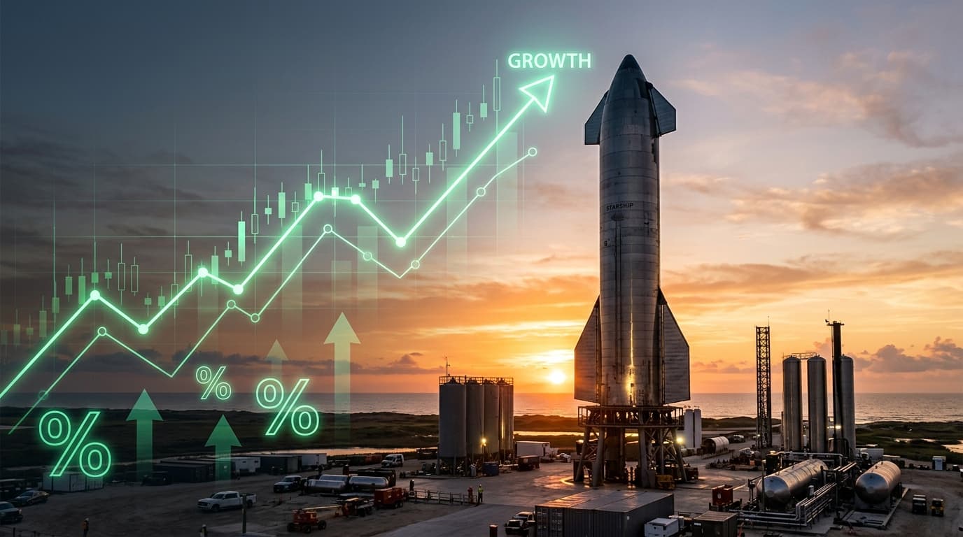 A cinematic shot of a Starship rocket preparing for launch at sunrise, with a high-tech financial st
