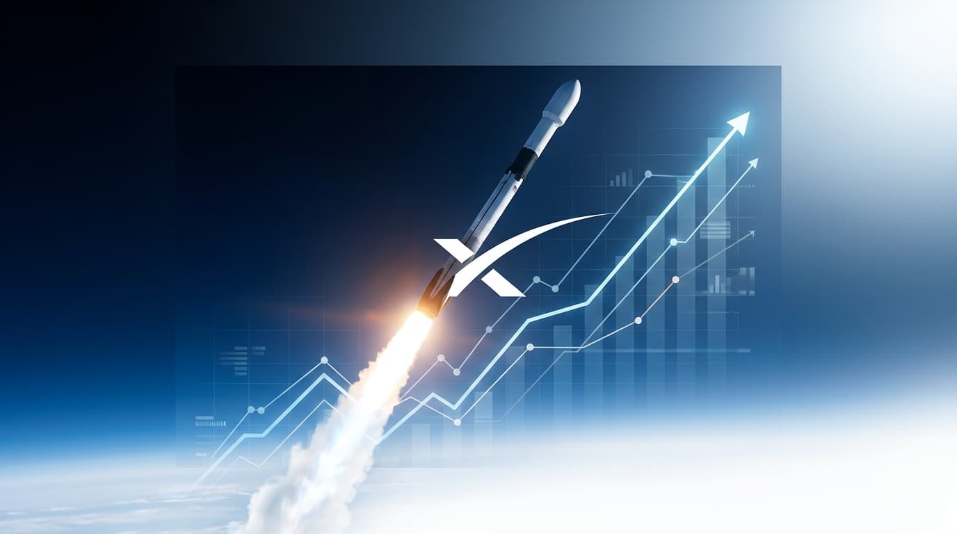 A modern, professional financial chart showing an upward trajectory, blended with the SpaceX logo an