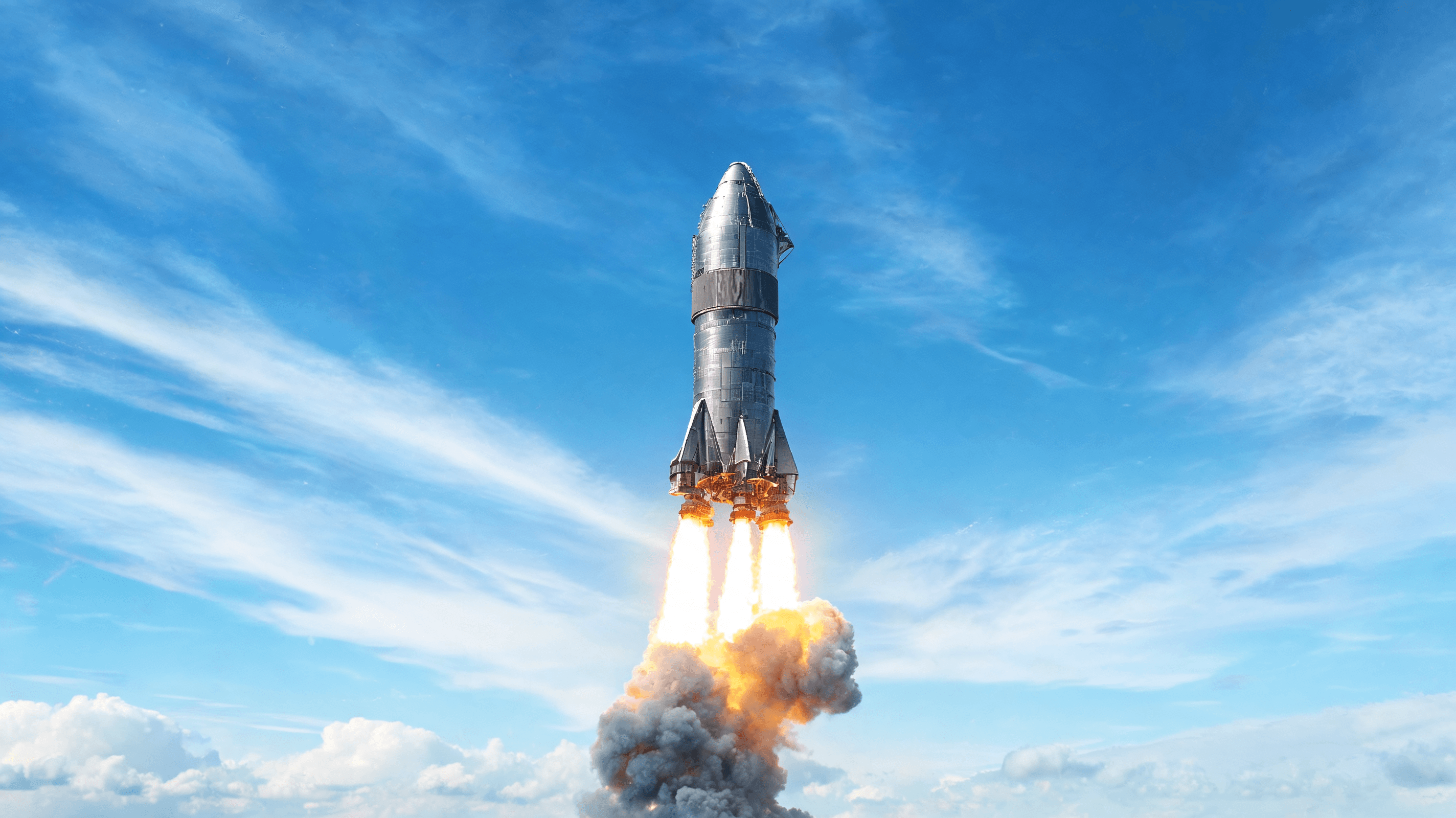 A cinematic shot of a Starship-like rocket launching into a bright blue sky, with detailed mechanica