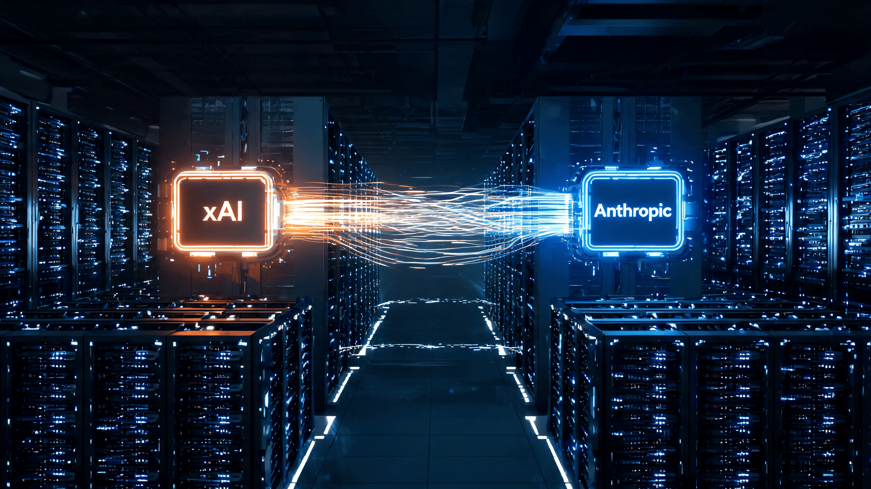 A conceptual rendering of a massive, glowing digital data center infrastructure facility with styliz