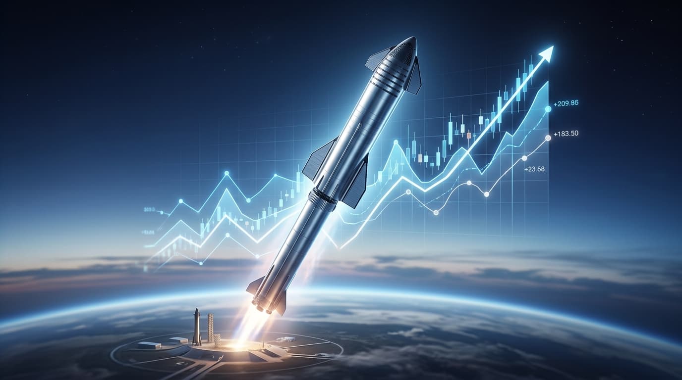 A modern, professional graphic of a Starship rocket ascending, with a floating 3D financial market g