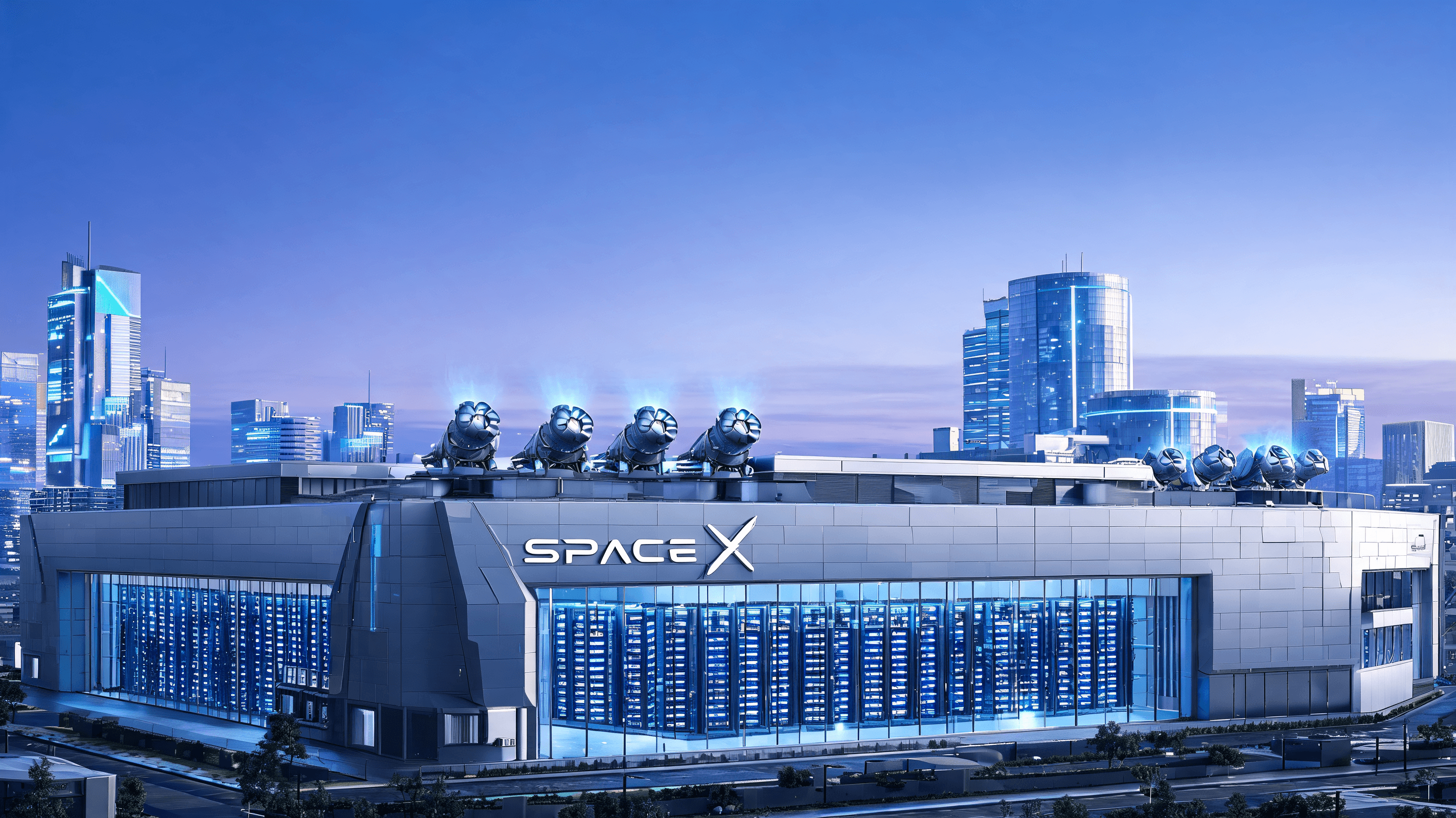 A futuristic 3D visualization of a SpaceX-branded data center facility, integrated with aerospace-in
