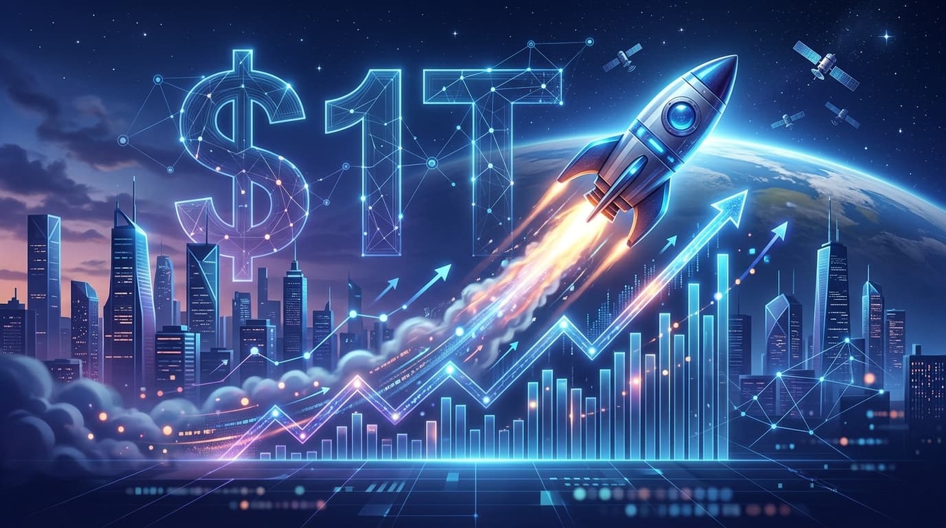 A futuristic financial chart showing an upward trajectory merging with a rocket launching into orbit