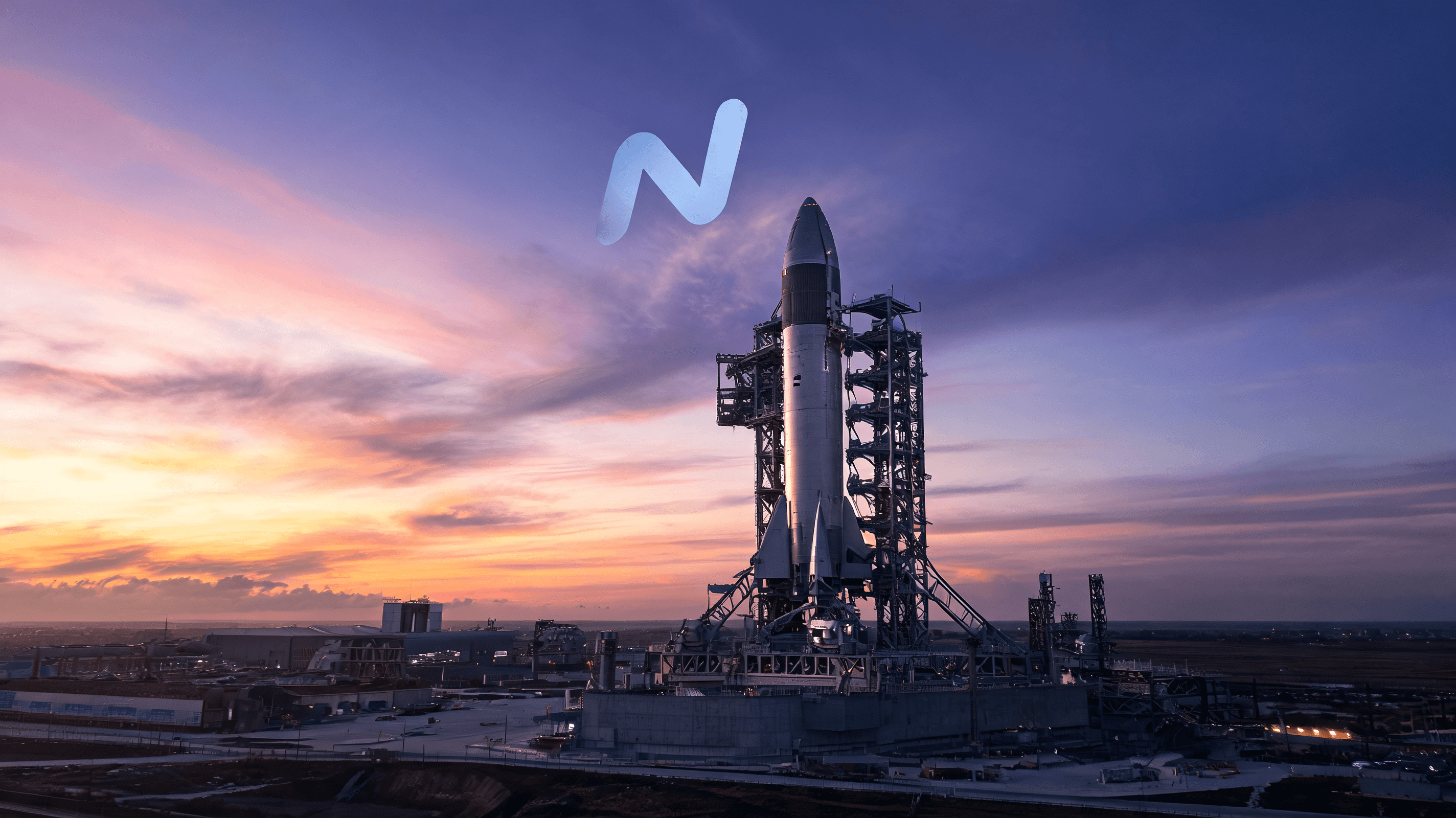 A cinematic shot of a Starship rocket on the launchpad at dusk with the Nasdaq logo subtly integrate