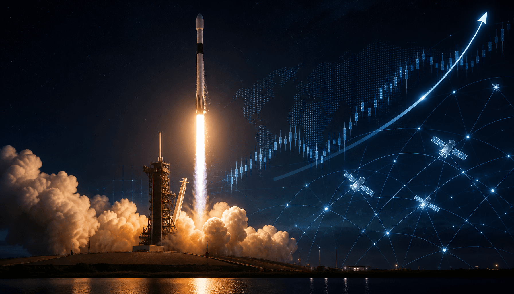 A SpaceX Falcon 9 rocket launching into the night sky, with a digital overlay of financial growth ch