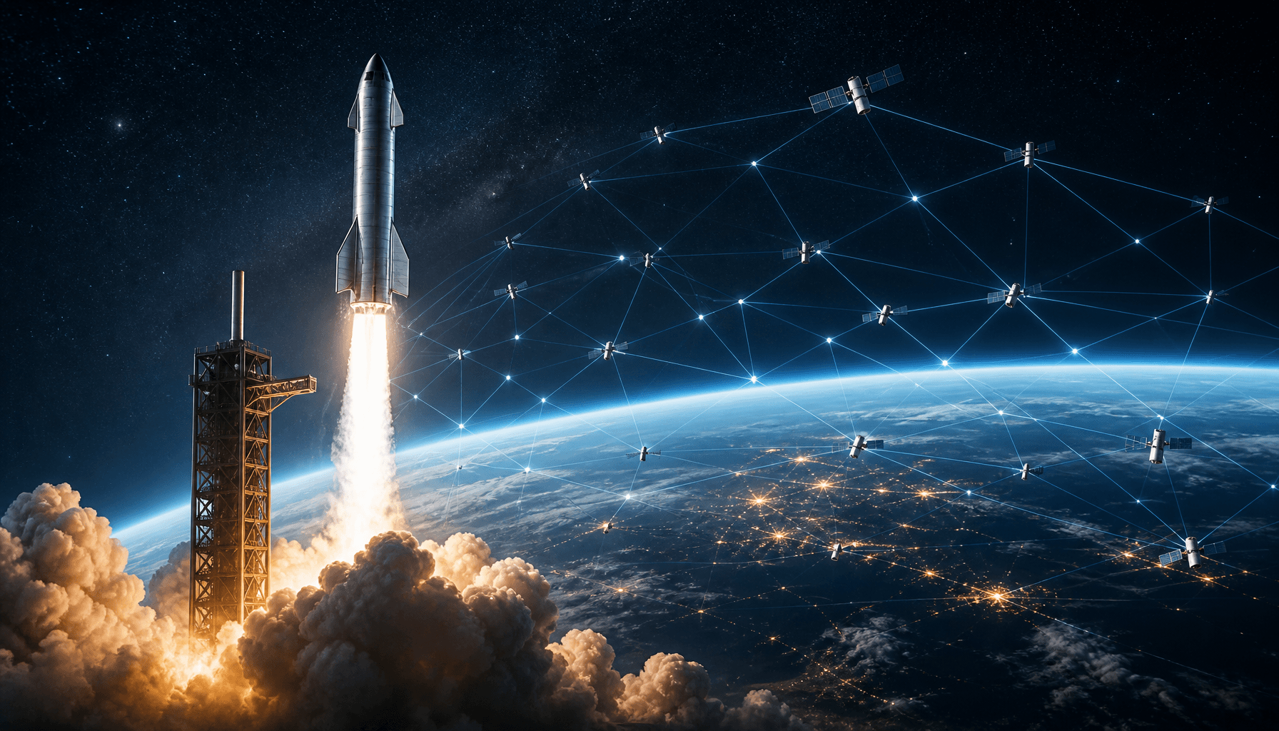 A SpaceX Starship rocket launching into space, with a digital overlay showing satellite constellatio