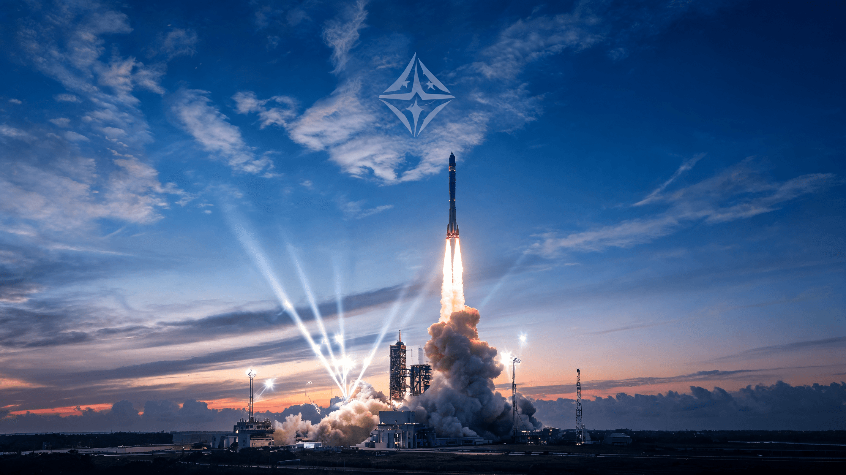 A cinematic, wide-angle shot of a SpaceX Falcon rocket launching into a clear twilight sky from Cape
