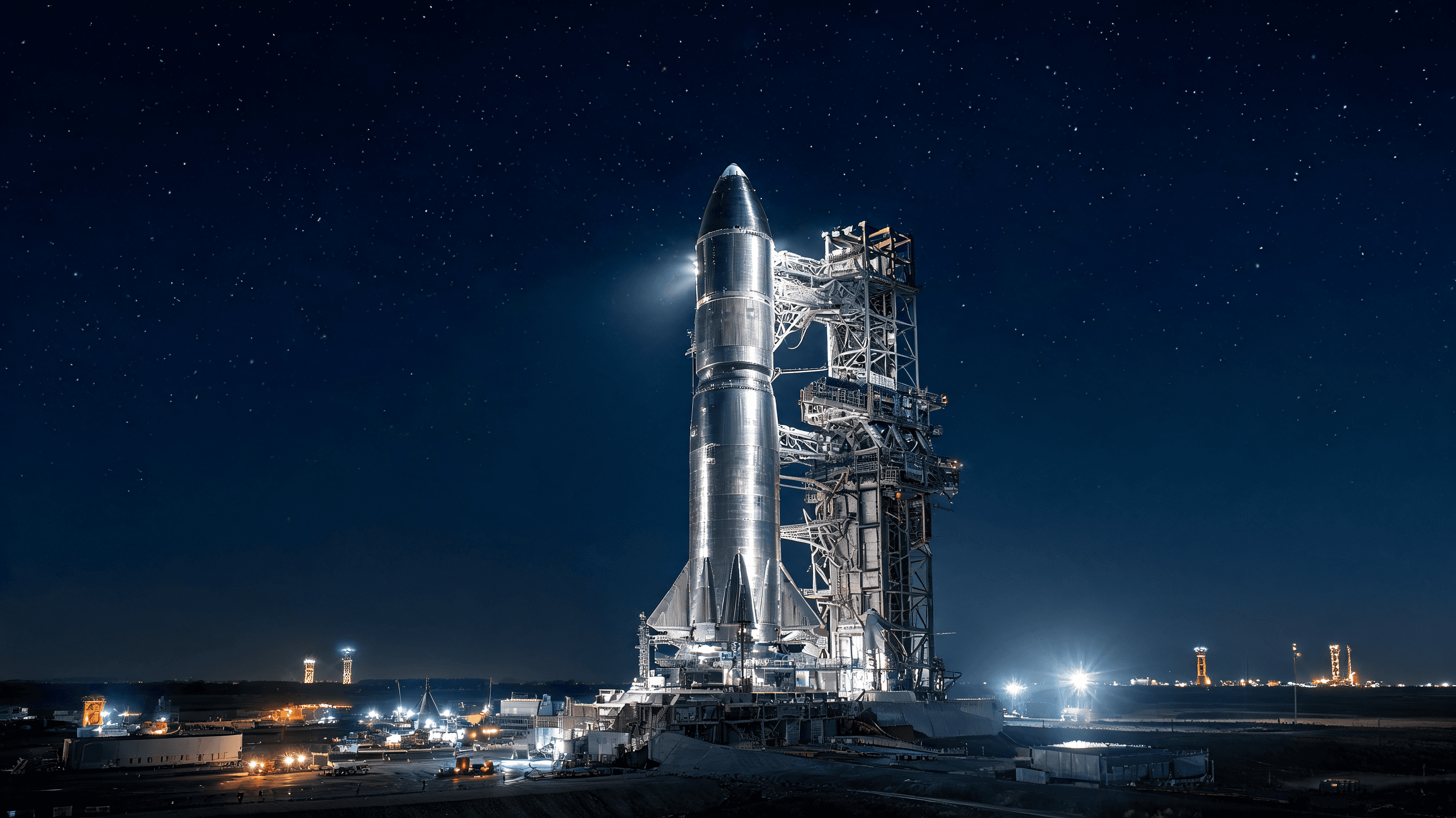 A powerful image of the SpaceX Starship V3 rocket sitting on the launch pad at night, with dramatic