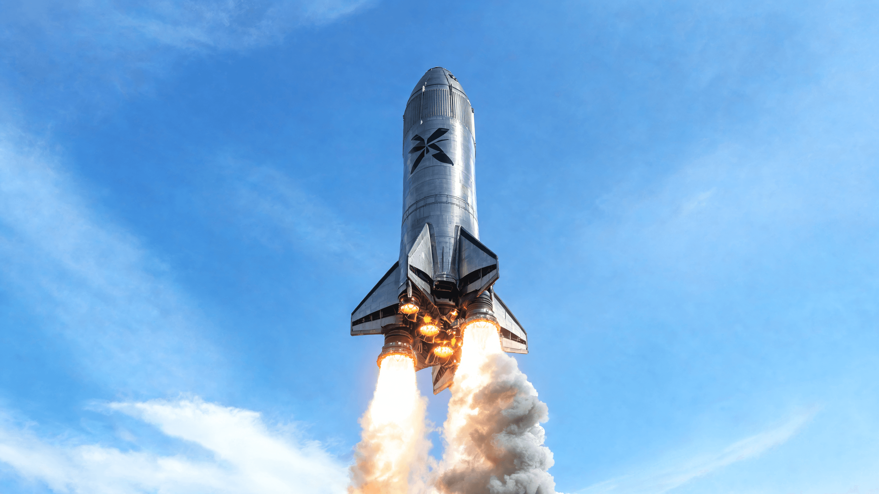 The SpaceX Starship V3 rocket ascending into the blue sky with plumes of exhaust, captured from a dr