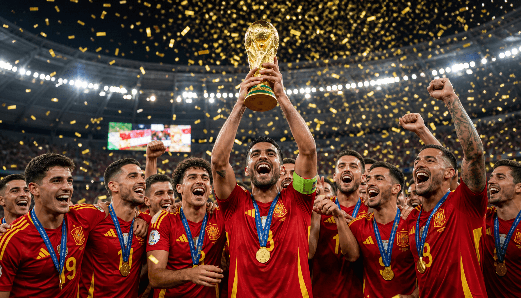 A celebratory scene at MetLife Stadium with Spanish players in red jerseys lifting the World Cup tro