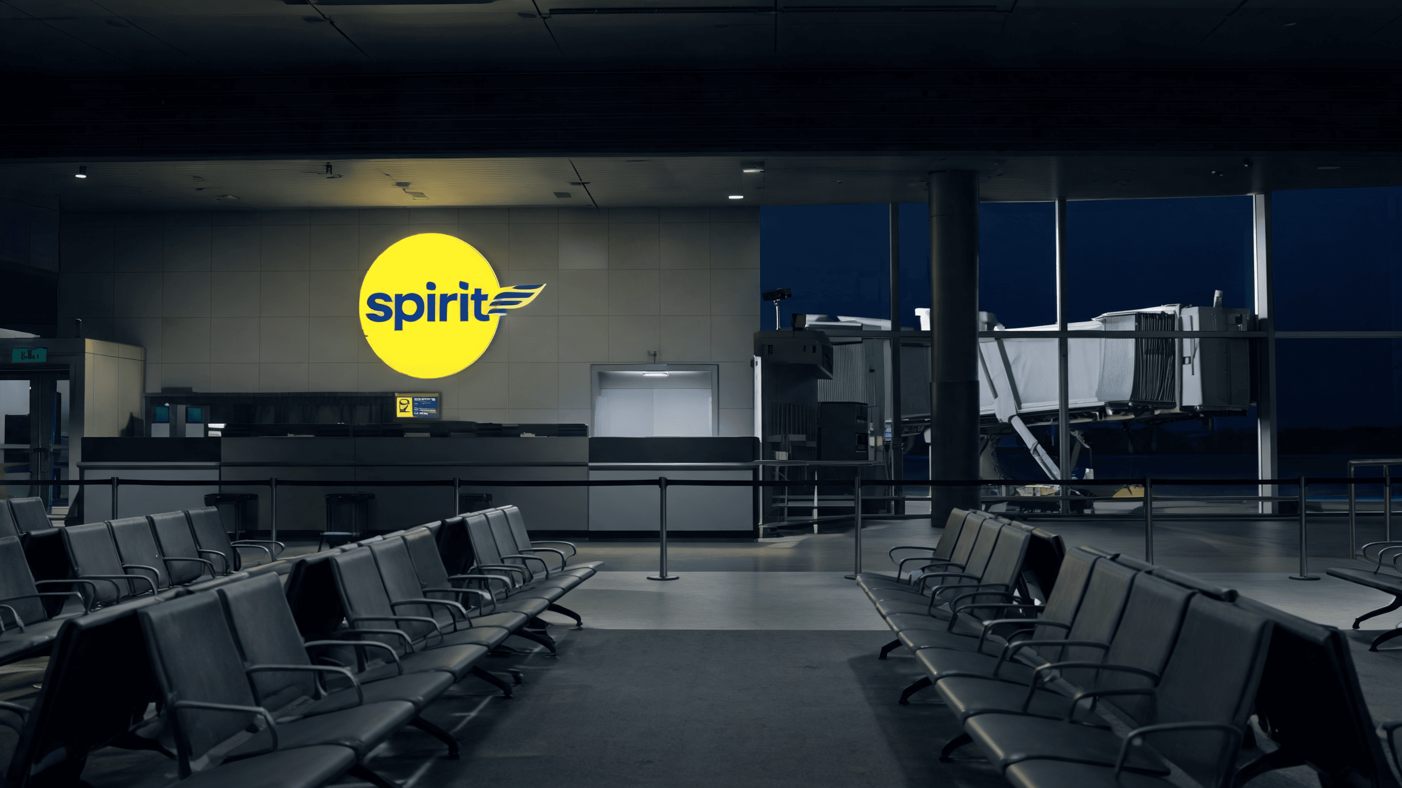 An empty airport terminal gate with a Spirit Airlines logo in the background, dimly lit, dramatic li