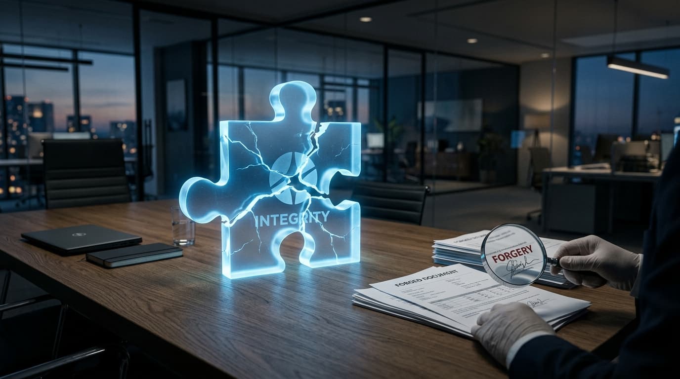 A broken digital puzzle piece representing a company's integrity crumbling, with a forensic lens mag
