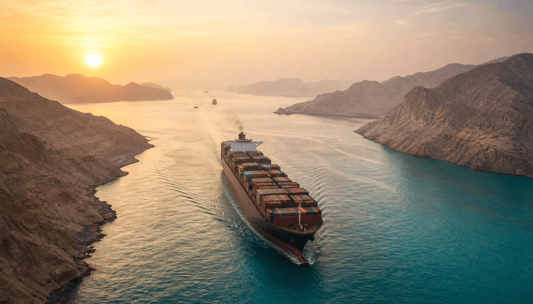 A wide aerial shot of a massive cargo ship sailing through the narrow, turquoise waters of the Strai