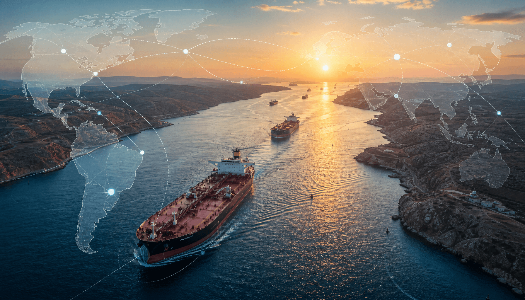 An aerial view of oil tankers navigating a narrow maritime strait at sunrise, with a stylized global