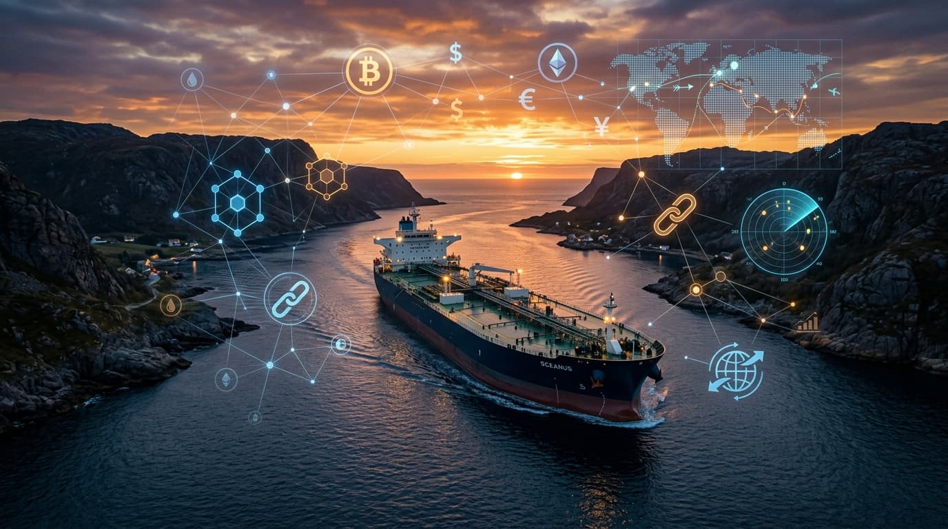A modern oil tanker sailing through a narrow strait at sunset, digital overlay symbols representing