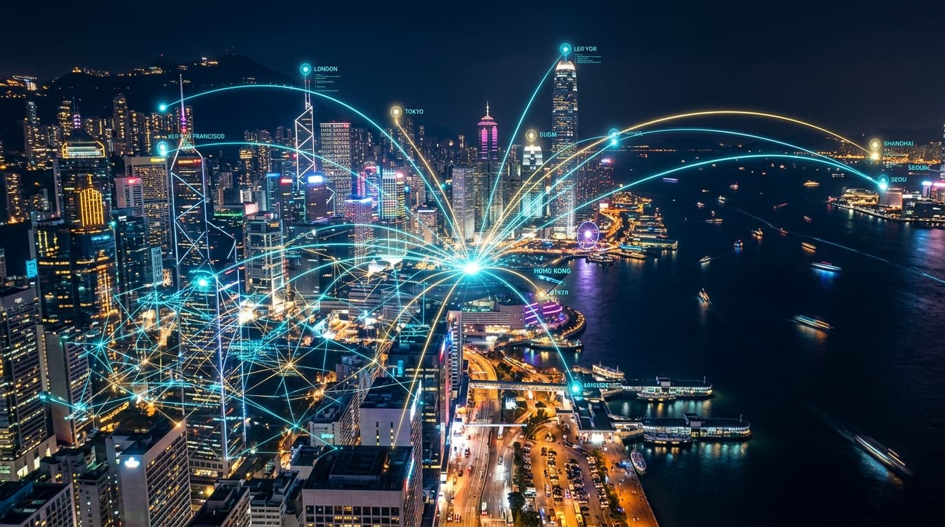 The Hong Kong skyline at night with a futuristic neon-lit digital overlay showing connecting lines t