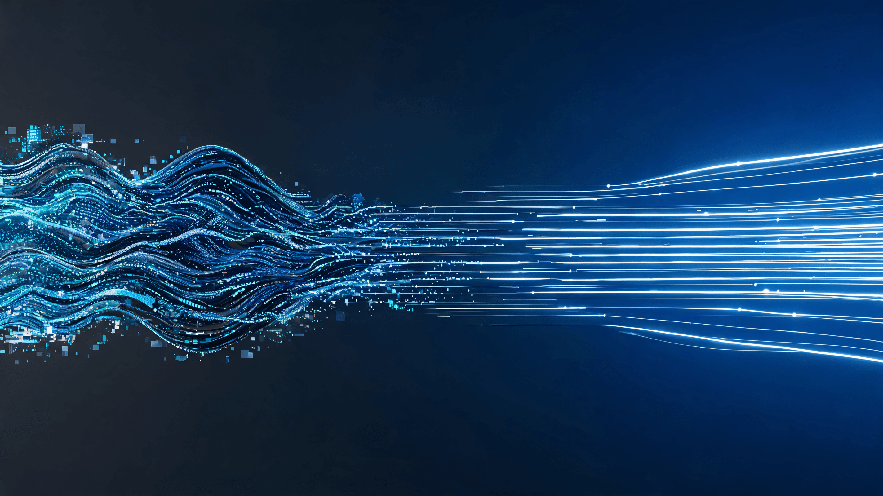 A futuristic representation of AI data streams transitioning from messy, heavy waves into thin, effi