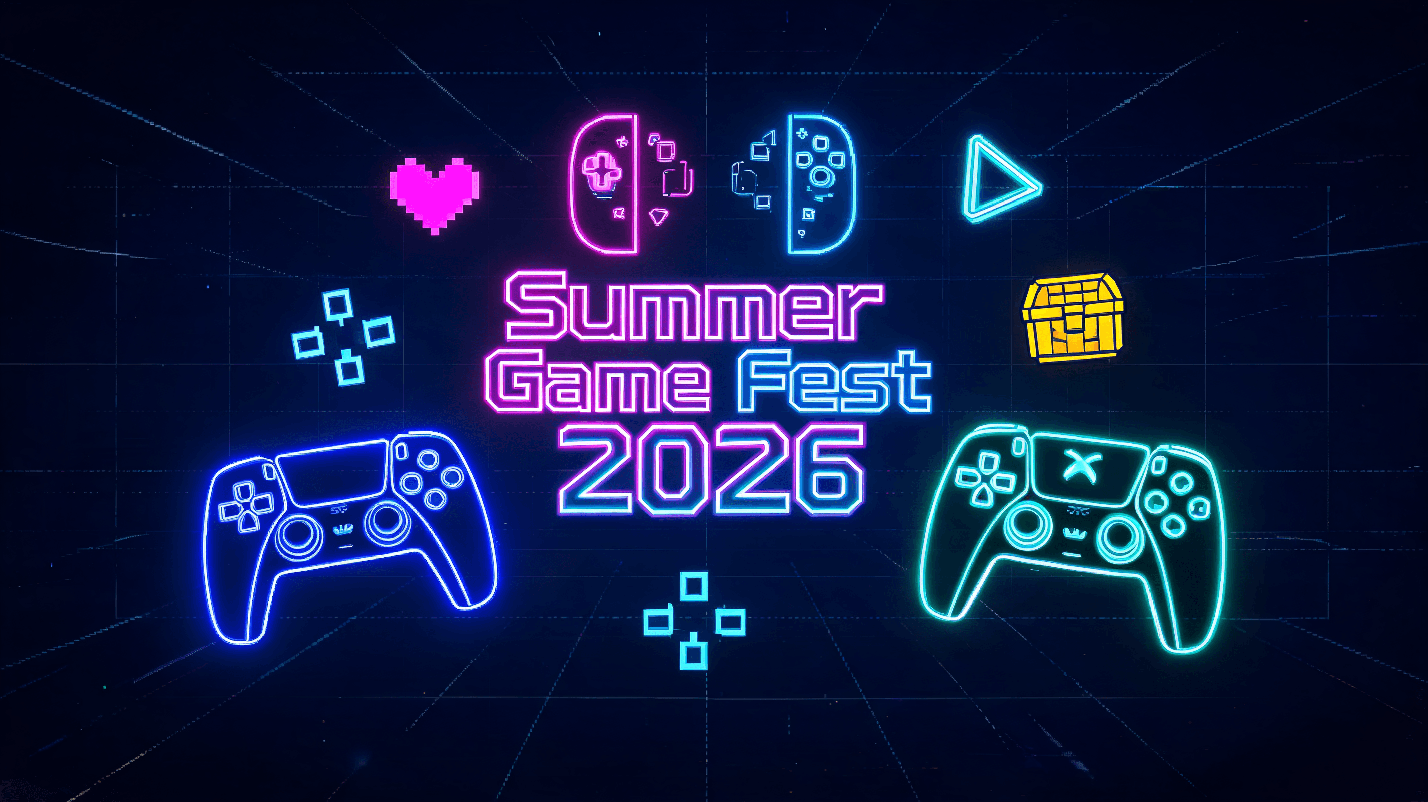 A vibrant, neon-lit digital collage featuring game controller silhouettes, glowing game icons, and t