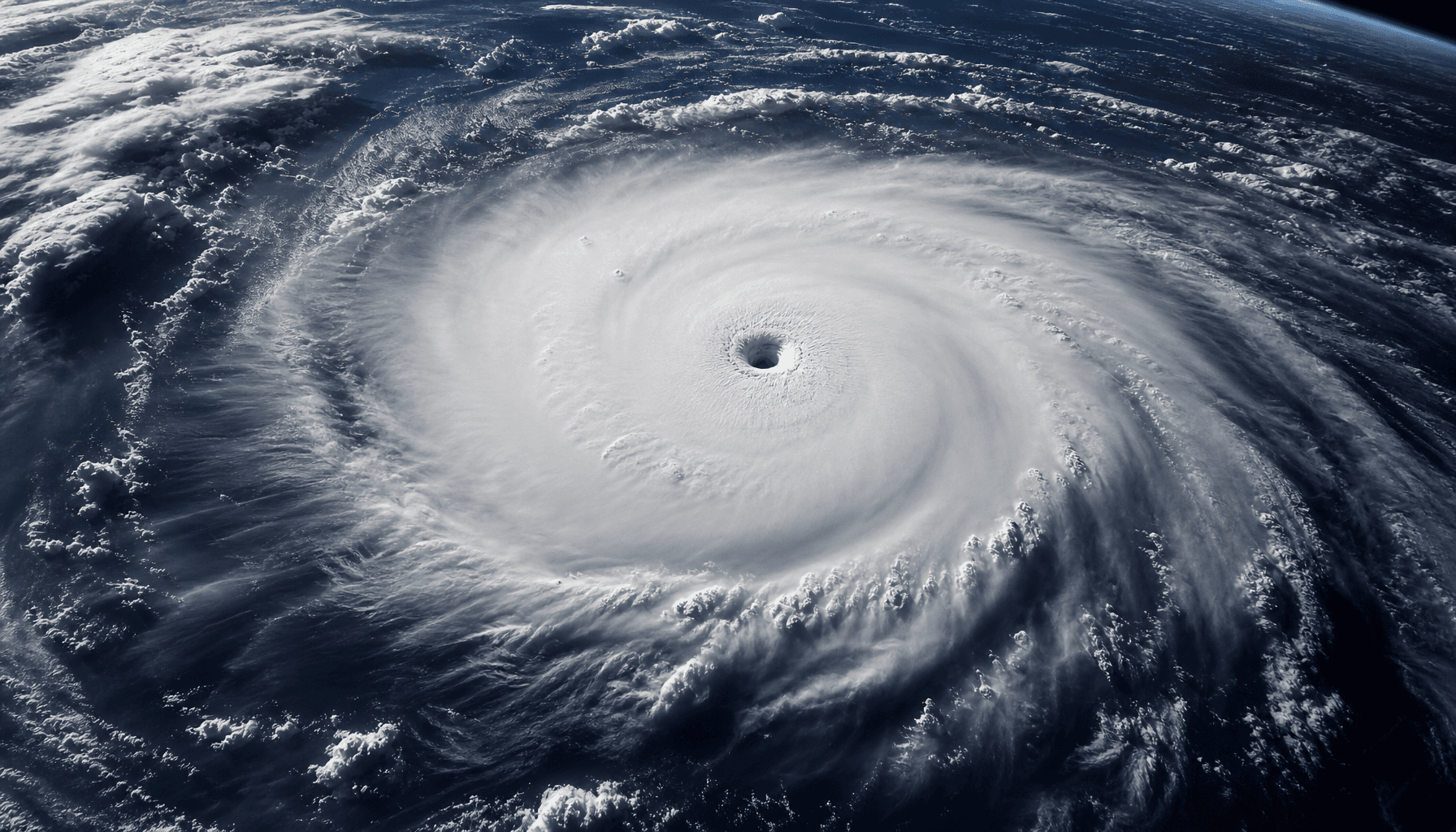 A satellite view of a massive, swirling Category 5 super typhoon over the Pacific Ocean, dark clouds