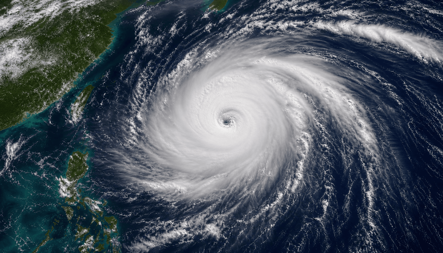 A satellite view of a massive super typhoon swirling in the Western Pacific, with high-contrast stor