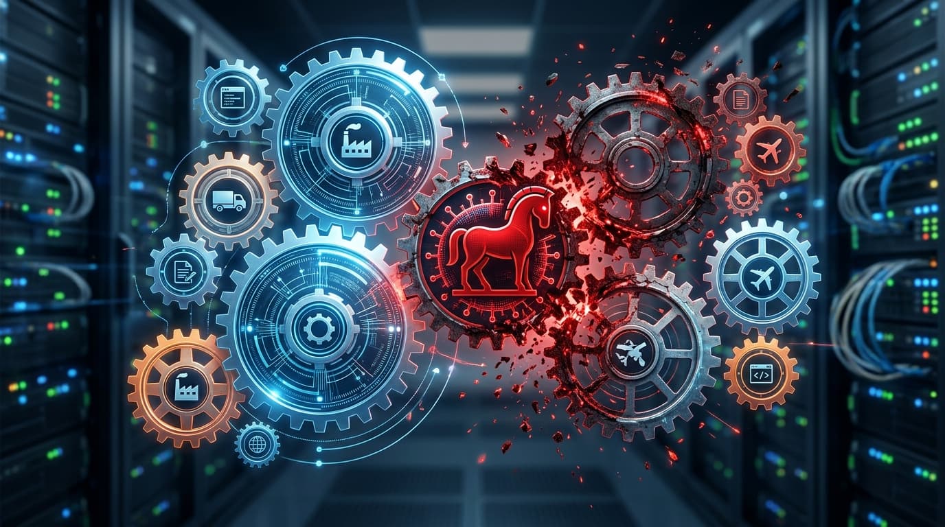 A digital illustration of a supply chain represented by interlocking digital gears being infected by