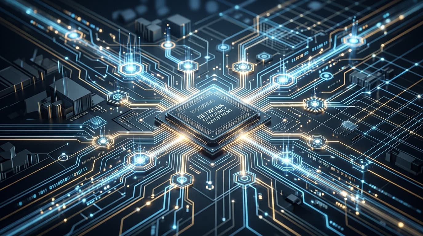 An abstract visualization of computer chips and network infrastructure nodes glowing with digital da