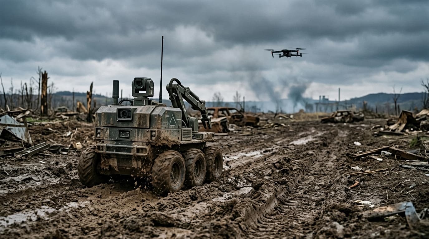 A rugged military robot operating on a muddy, scarred battlefield landscape, with a drone visible in