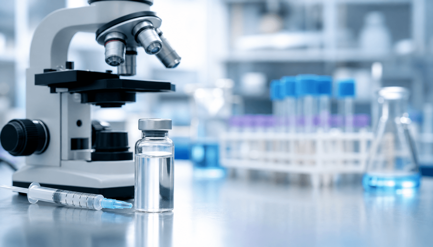 A clinical laboratory setting showing a microscope and a vial of vaccine, soft lighting, professiona