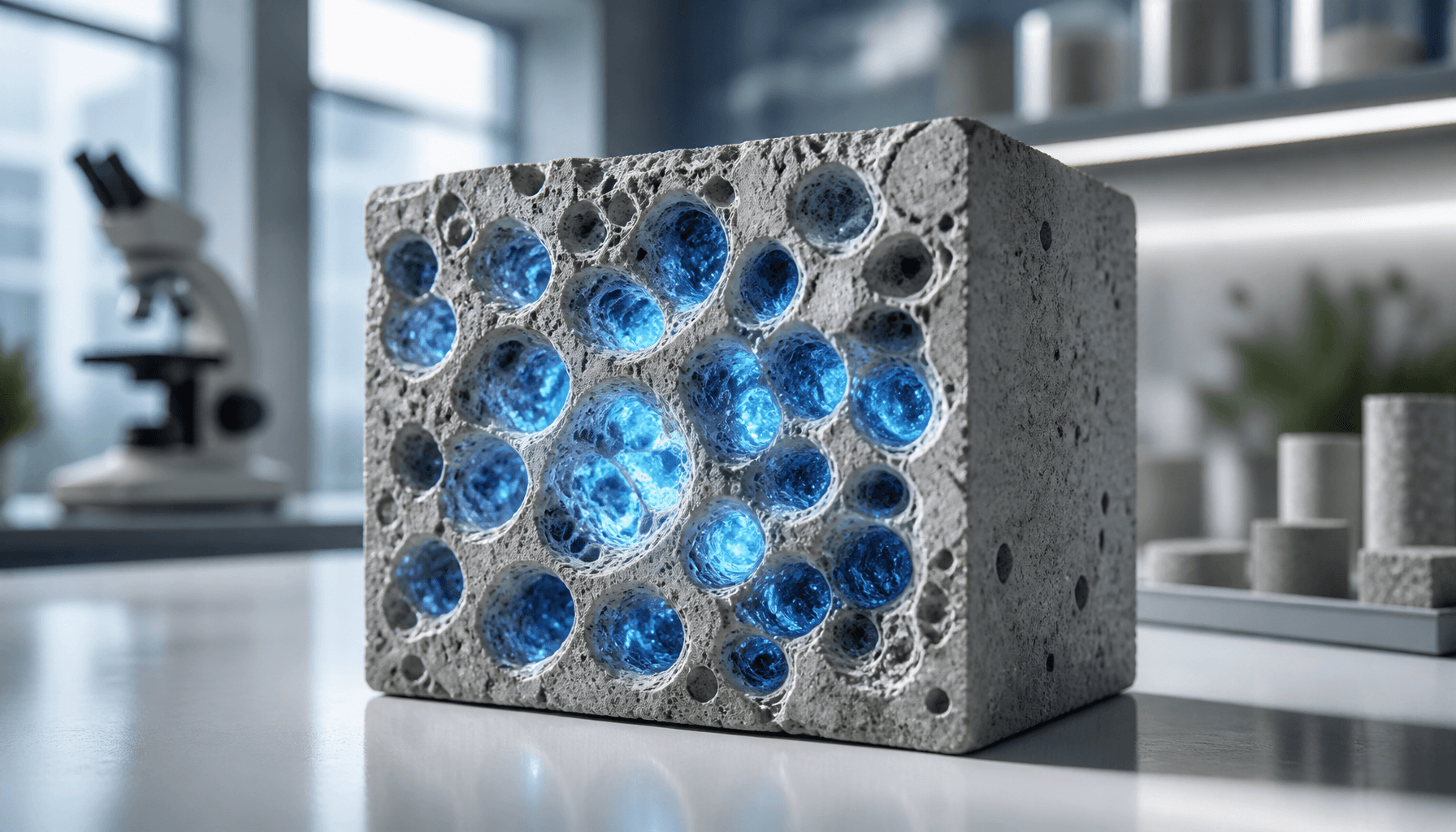 A macro shot of a structured, porous concrete block with a glowing, stylized blue core representing