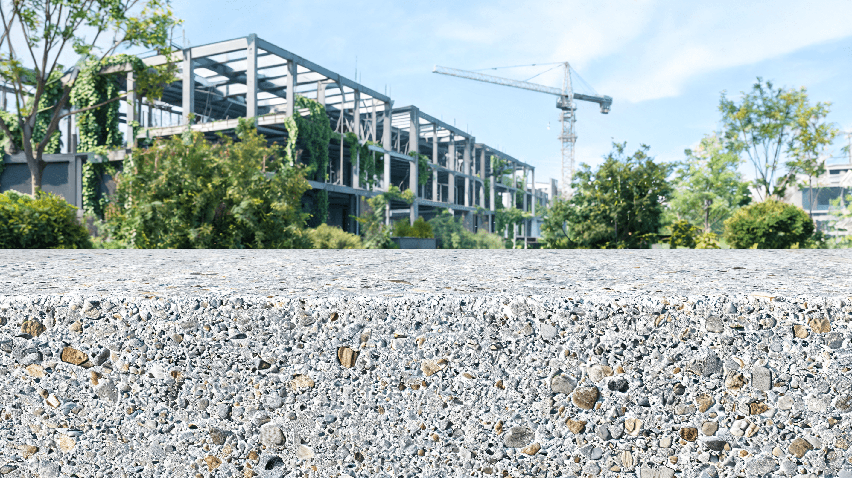 A close-up of a modern, eco-friendly concrete texture with visible mineral structures, set in a sust