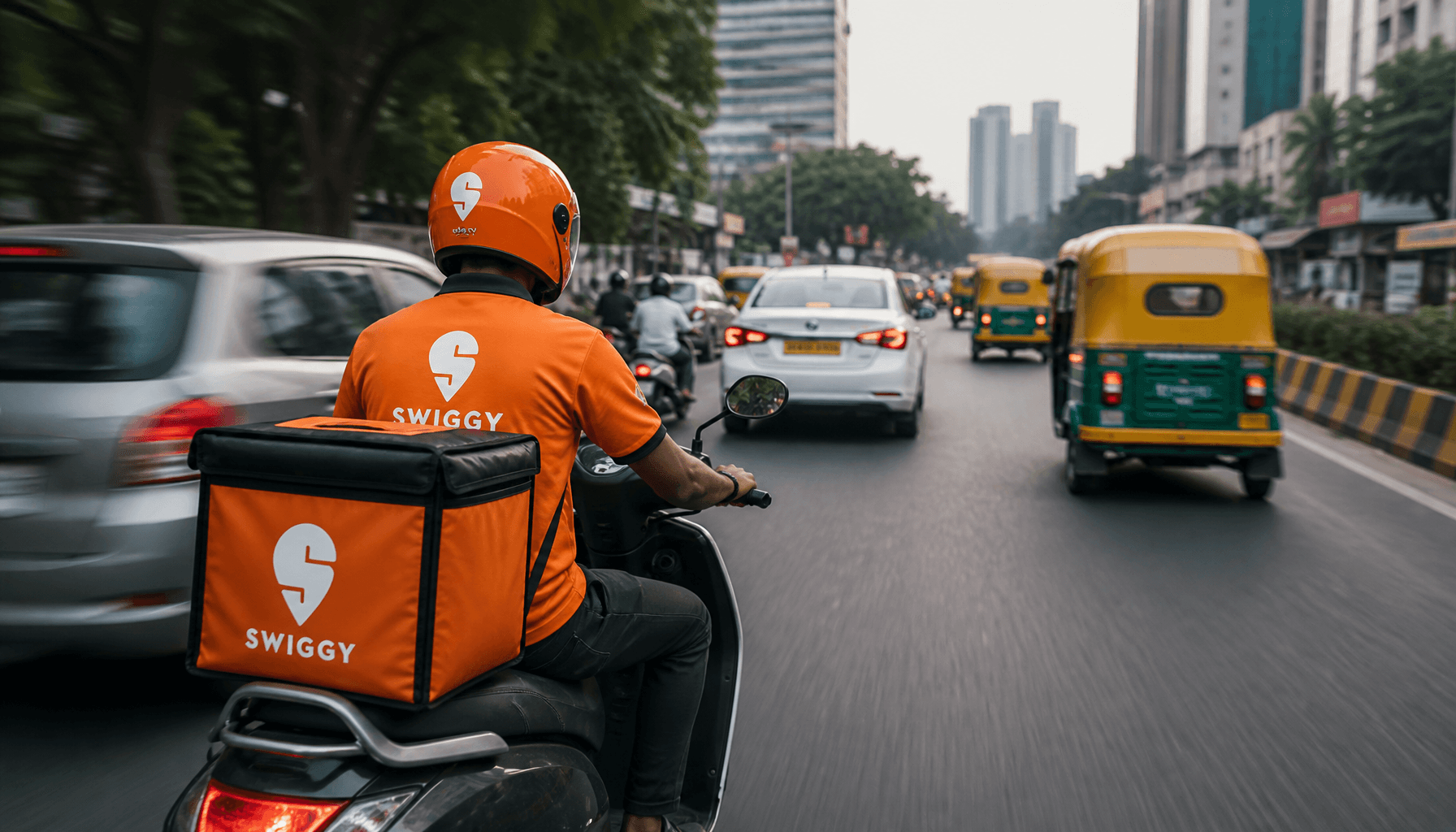 A busy urban street scene with a Swiggy delivery rider on a scooter, representing the fast-paced nat