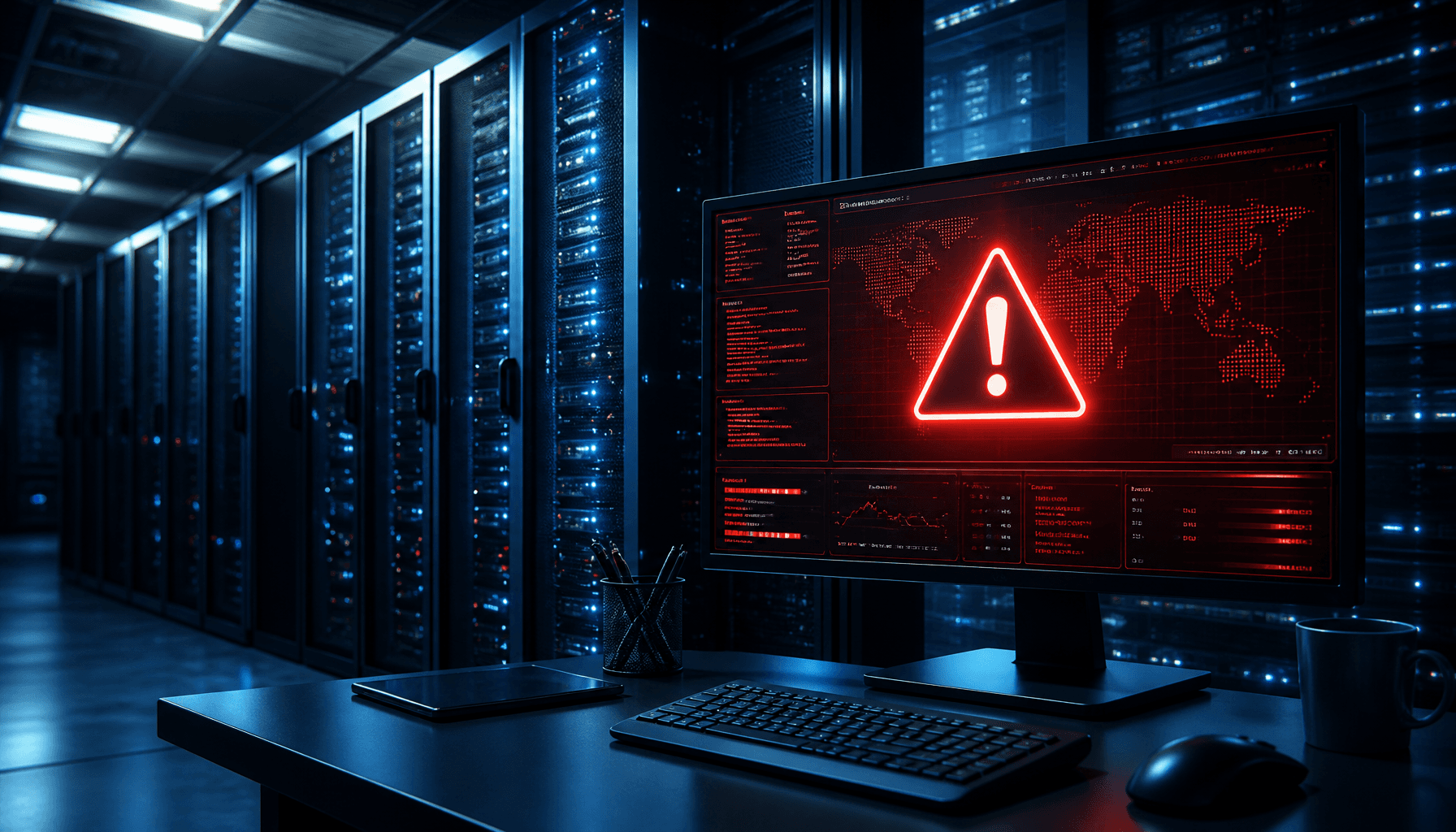 A digital representation of a server room with a warning icon flashing on a screen, representing cyb