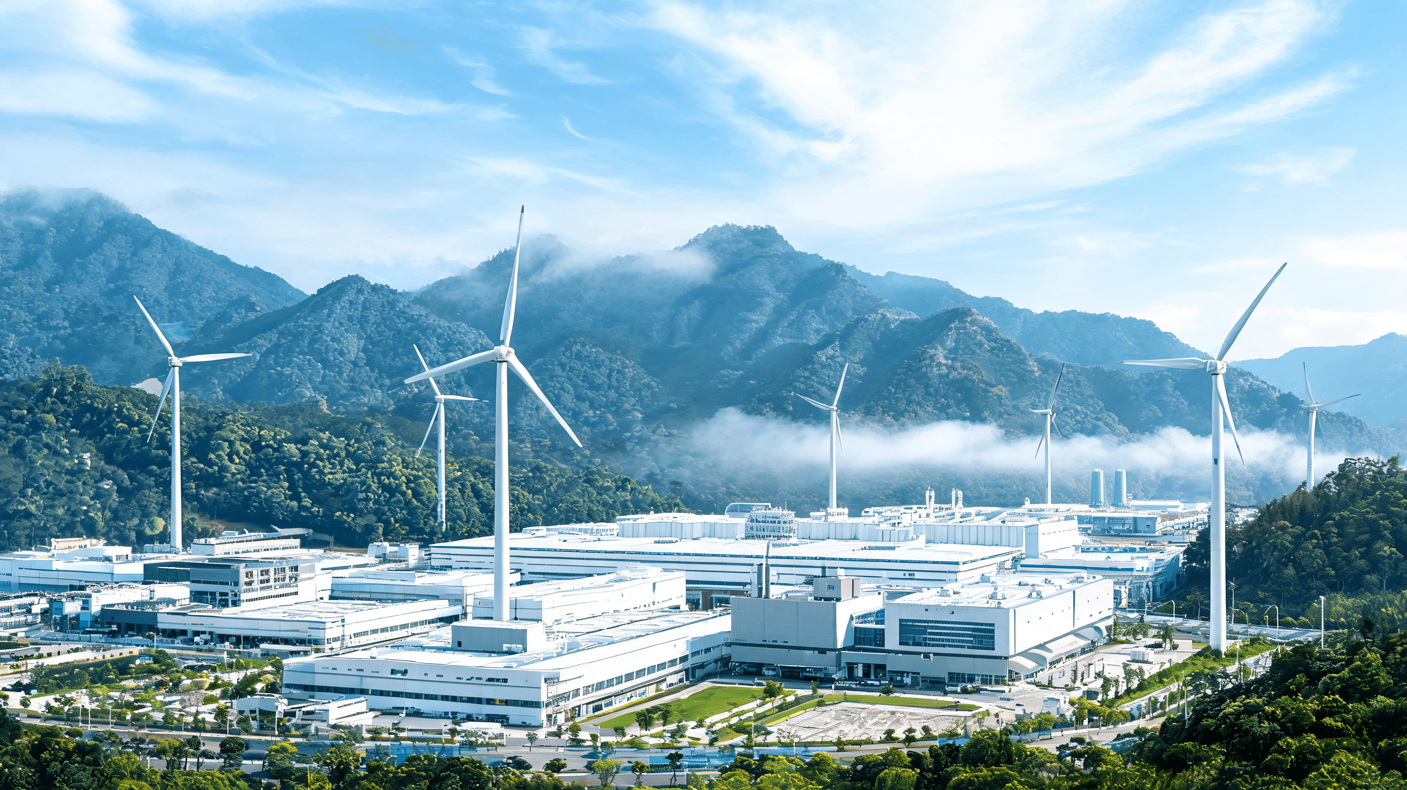 An industrial landscape featuring wind turbines towering over a high-tech TSMC semiconductor manufac