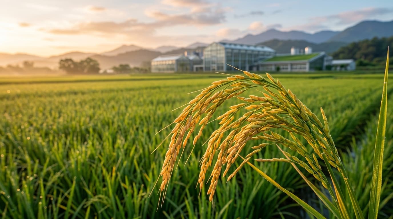 A high-resolution, cinematic close-up of golden rice stalks in a lush green Taiwanese paddy field du