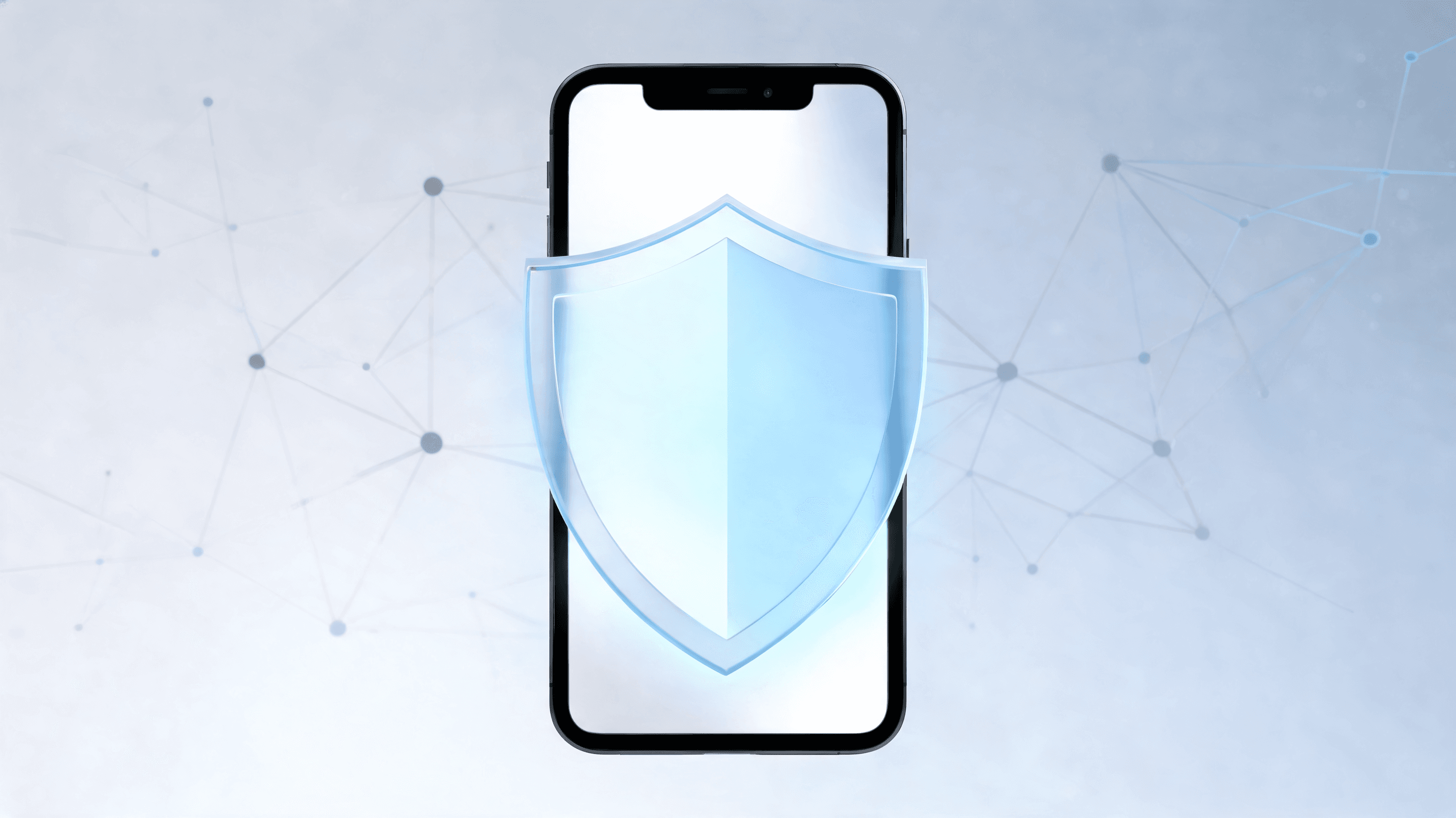 A conceptual digital art piece depicting a digital privacy shield over a smartphone screen, with blu